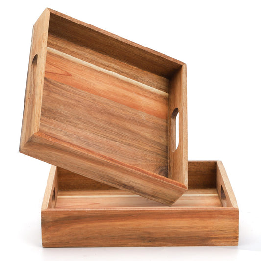 YOUEON Set of 2 Acacia Wood Serving Tray with Handles, 10x10x2 Inch Decorative Serving Trays for Food, Ottoman Tray, Square Coffee Table Trays for Dinner, Coffee, Wine, Appetizer
