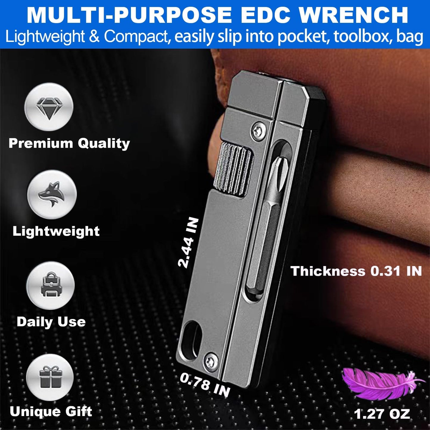 Titanium Keychain Wrench – Mini EDC Adjustable Spanner with Screwdriver, Pocket Tool for Everyday Carry, Travel, Outdoor, Camping – Stocking Stuffers For Men, Dads, and EDC Lovers