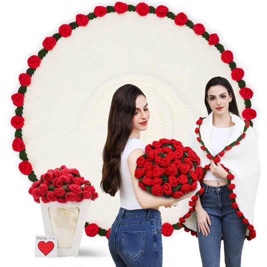 Duryeo Stocking Stuffers for Women, Crochet Rose Flower Bouquet Blanket, Christmas, Valentines Day, Wedding, Anniversary, Birthday Gifts Ideas for Mom, Grandma, Girlfriend, Wife, Sister, Couple