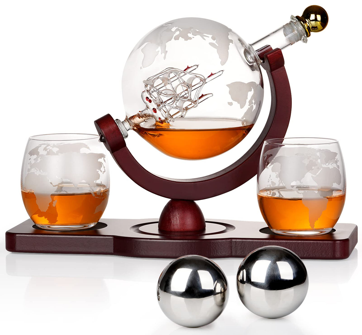 PONPUR Gifts for Men Dad Christmas, Whiskey Decanter Globe Set with 2 Ball Stones & 2 Glasses, Anniversary Birthday Gifts for Him Husband Boyfriend Brother, Cool Stuff Gift for Bourbon Scotch