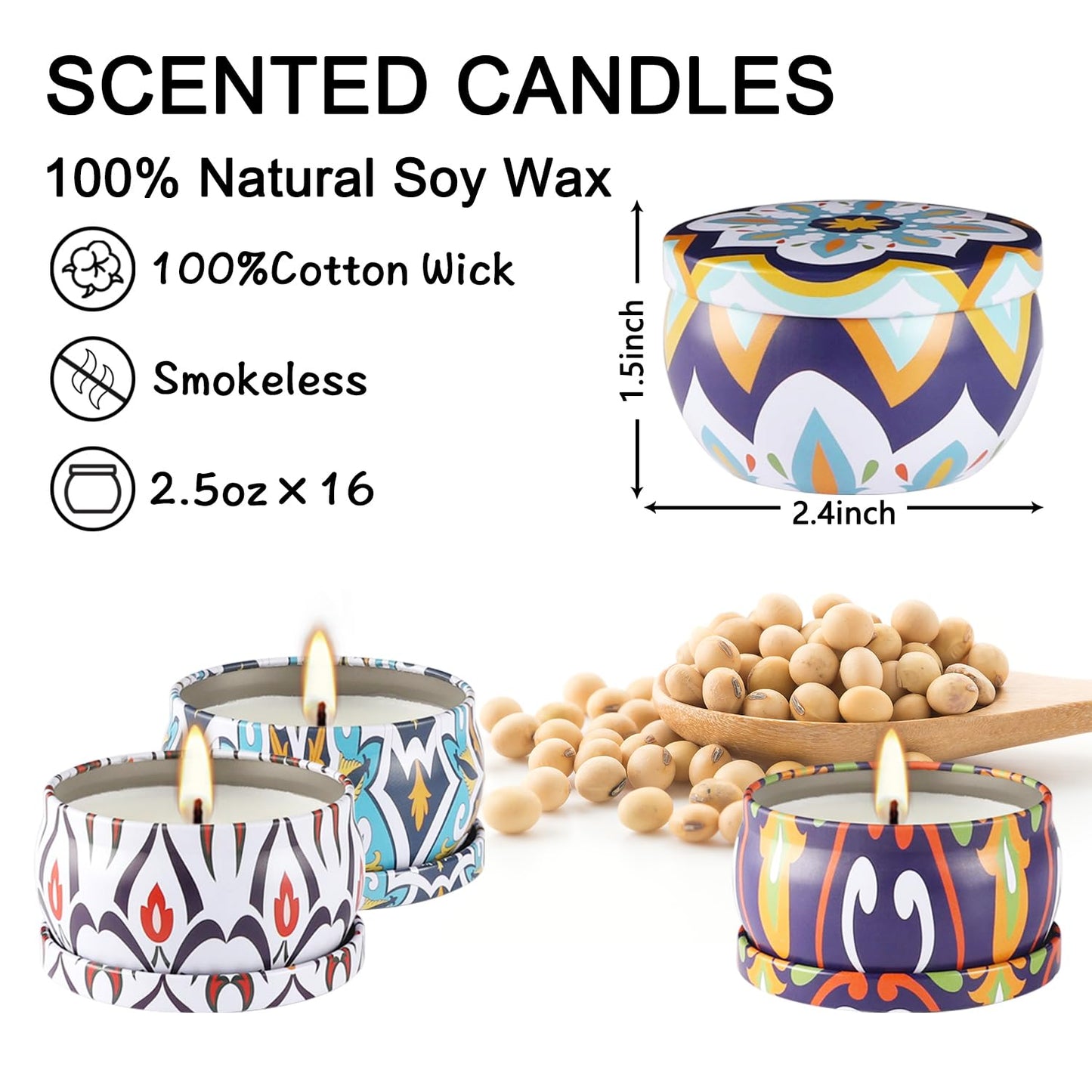 Wfmolcand 16 Pack Small Scented Candles Set-2.5 oz Aromatherapy Candle 100% Natural Soy Wax-Portable Travel Tin Candle for Woman Home Décor Birthdays Meditation