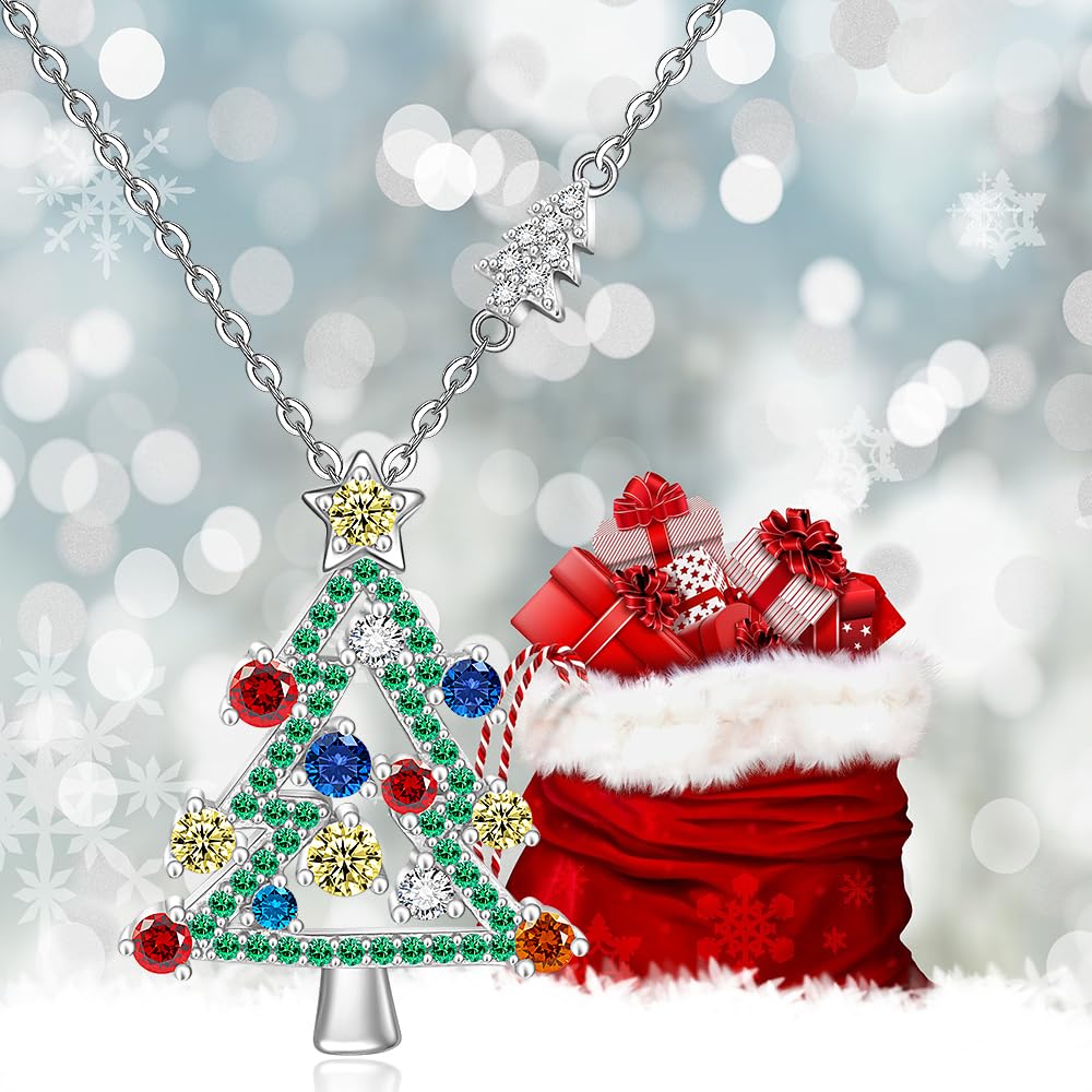 LOVGIFSET Christmas Necklace Christmas Tree Necklace for Women Sterling Silver Green Tree Pendant Xmas Gift