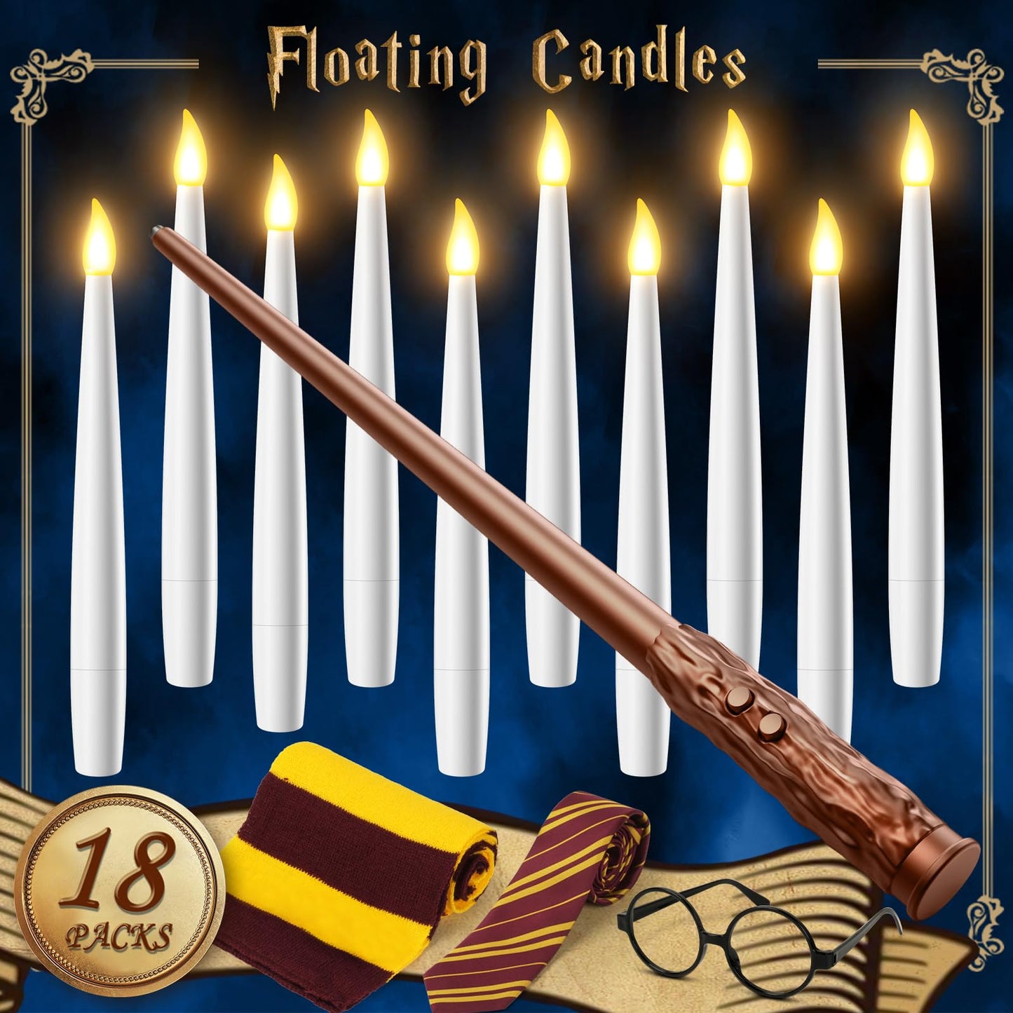 Floating Candles with Wand Remote 18PCS - Magic Hanging Candle with Glasses, Tie, Scarf, Flameless Taper Candles Floating Lights Gifts for Halloween Decorations Christmas Wedding Birthday Party Decor