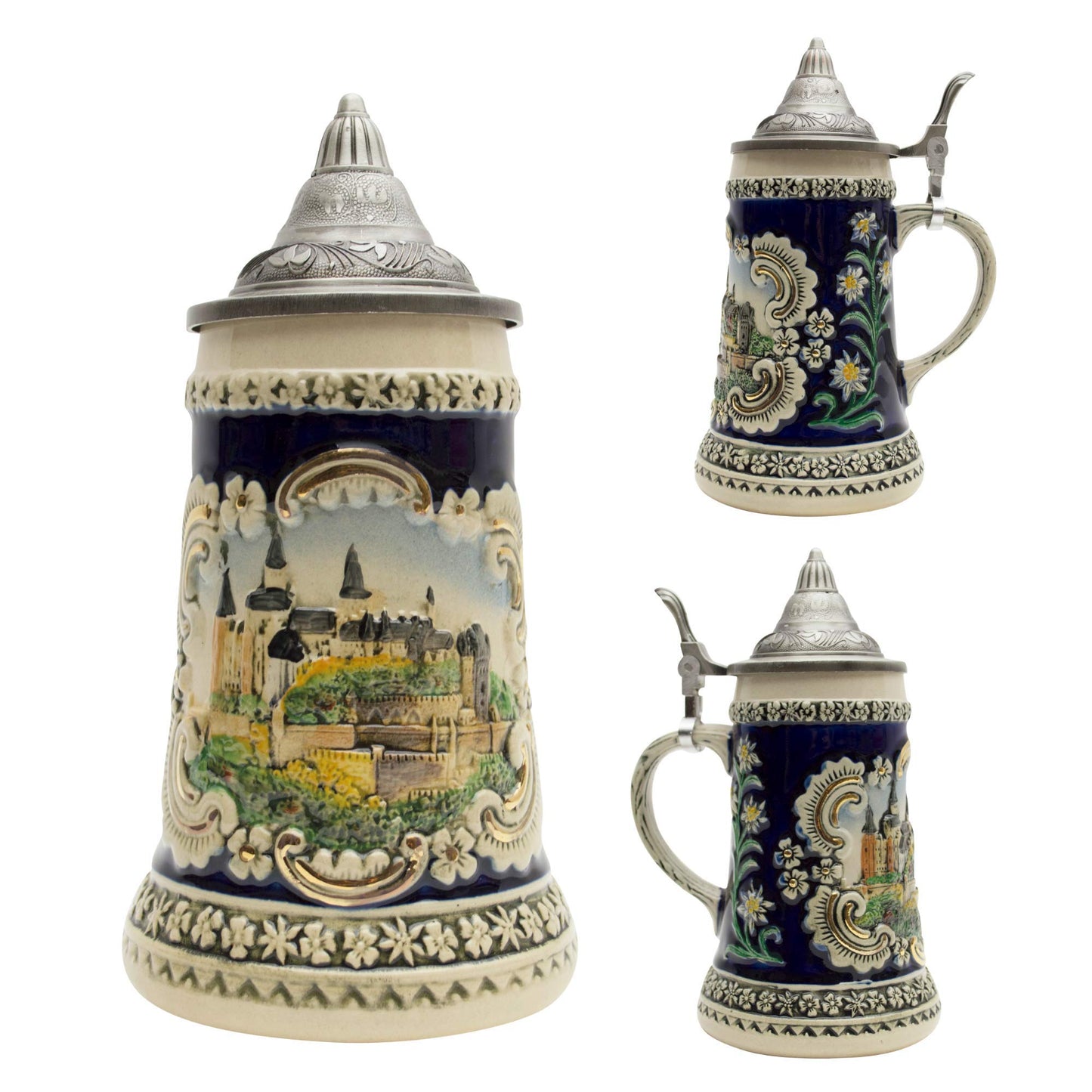 Essence of Europe Gifts 0.6 Liter German Beer Stein with Lid - Engraved Hand Painted Medieval Castle Beer Steins Mug - Oktoberfest Ceramic Tankard Beer Mug