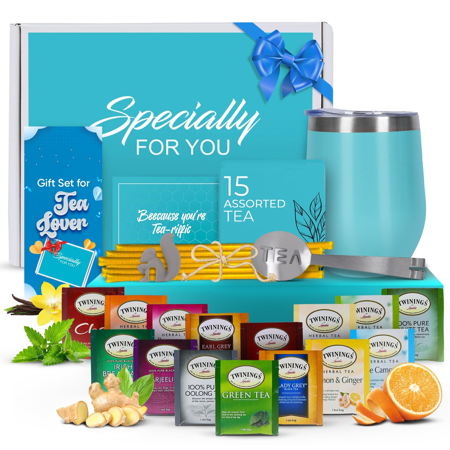 Tea Gifts for Women – Sampler Gift Basket with 15 Unique Blends, Honey Sticks, Stainless Tumbler & Gift-Ready Box (Teal)