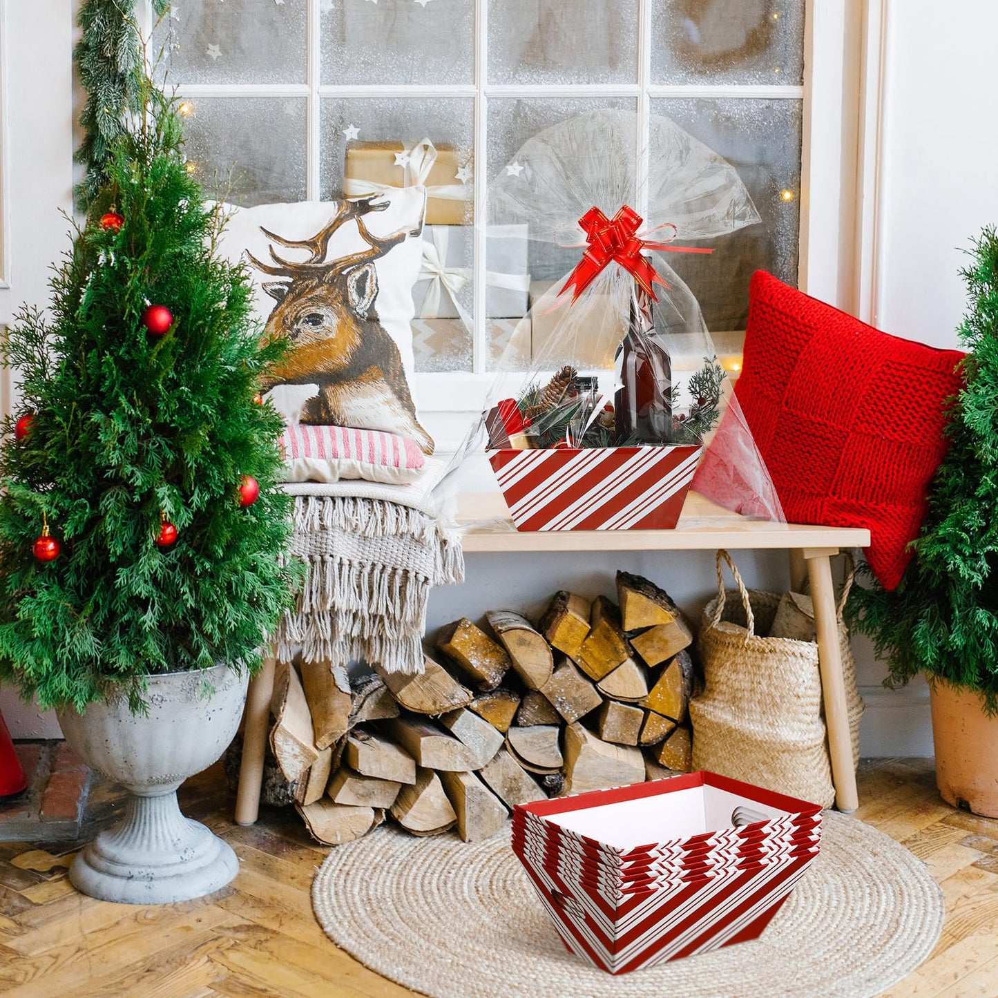 Kolldenn 24 Pcs Christmas Candy Cane Striped Gift Baskets 8" x 10" for Empty Gift Kit with Handles 8 Red White Stripes Basket 8 Bags and 8 Bows to Fill for DIY Xmas Wrapping