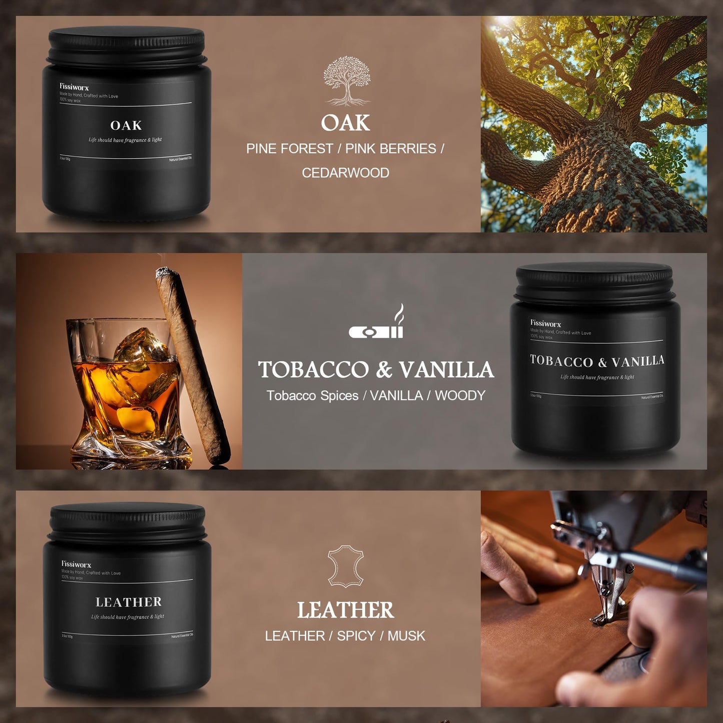 FISSIWORX 9 Pack Scented Candles Set Gifts for Men, Aromatherapy Candle Set with Scents (Leather/Vanilla/Oak) - Gift for Dad, Boyfriend, Birthday, Father’s Day, Anniversary