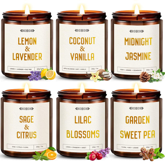 6 Pack Candles for Home Scented, 42oz Amber Jar Candles Gifts for Women, 330 Hour Clean Burning Time, Natural Soy Wax and Wicks, Aromatherapy Candles Gift Set for Women, Ideal Holiday Gift