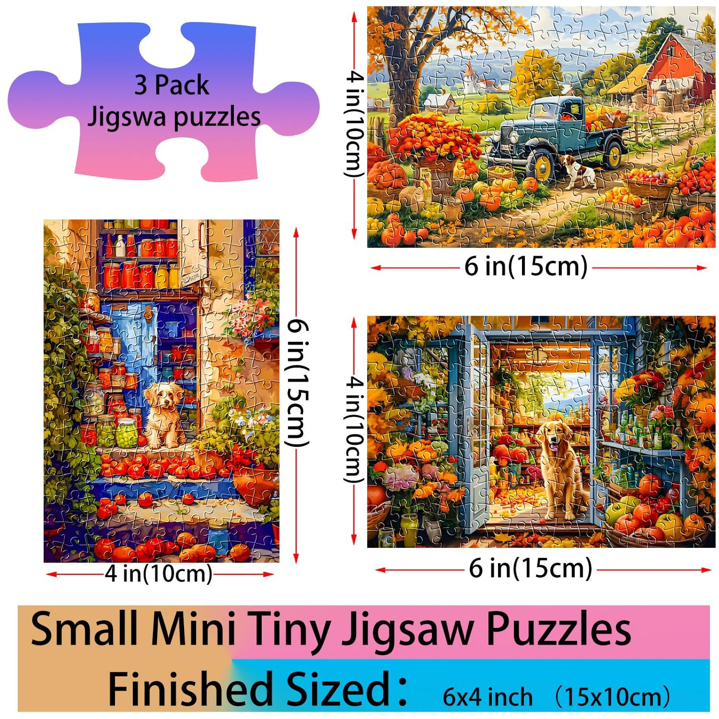 Small Jigsaw Puzzles for Adults 150 Pieces Vintage Country Puppy Painting Challenging Mini Puzzles Tiny Jigsaw Puzzles 6 x 4 Inches, 3 Pcs,Mini Easel Included