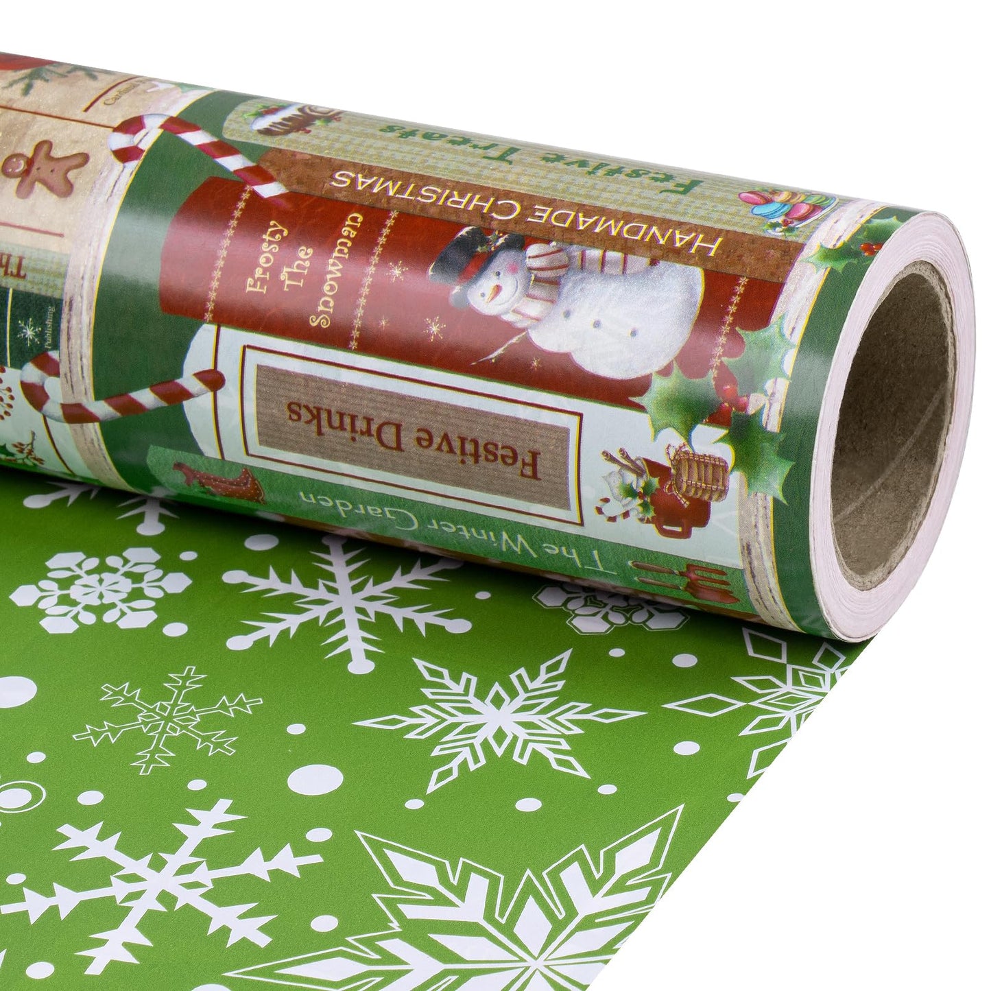 RUSPEPA 30" X 32.8' Reversible Christmas Wrapping Paper Large Paper Roll, Jumbo Roll, Vintage Christmas Bookshelf Design, Green White Snowflake Gift Wrap for Friends, Family, Xmas Holiday Gifts