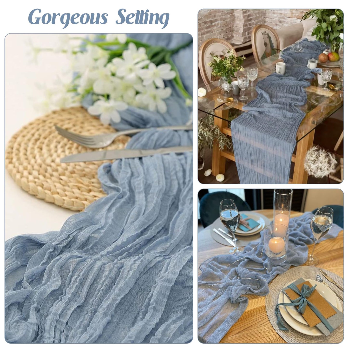 6 Pieces Dusty Blue 10FT Cheesecloth Table Runner Boho Gauze Fabric Table Runner Rustic Sheer Runner for Wedding Birthday Baby Shower Party Boho Table Decoration(Dusty Blue)