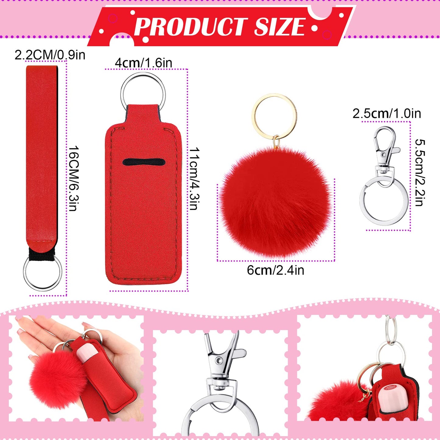 Tudomro Lipstick Holder Keychain Poms Keychains Bulk Lip Balm Holder Set Include Colorful Wristlet Key Rings Ball Metal Key Rings for Lipstick Lanyards Women(Bright Color,20 Sets)