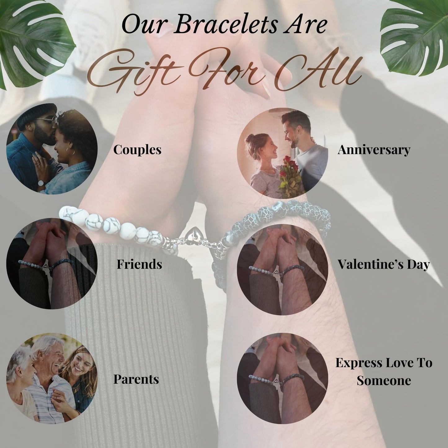 Set Of 2 Matching Couple Bracelets Magnetic Heart - Stone Beads, Stretch, Unisex Anniversary, Express Love, Valentine, Long Distance, Christmas Gift (Howlite+Blue Weathered, With Luxury Giftbox)