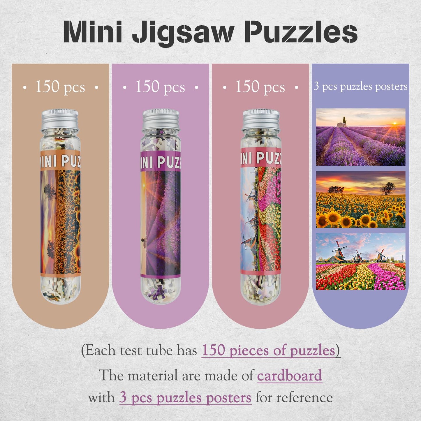 MISITU Small Jigsaw Puzzles for Adults Mini Puzzles 150 Pieces Micro Pieces Small Puzzle Challenging Difficult Puzzles Travel Puzzle Lavender Tulip Sunflowers Jigsaw Puzzle 6 x 4 inch 3 Pack