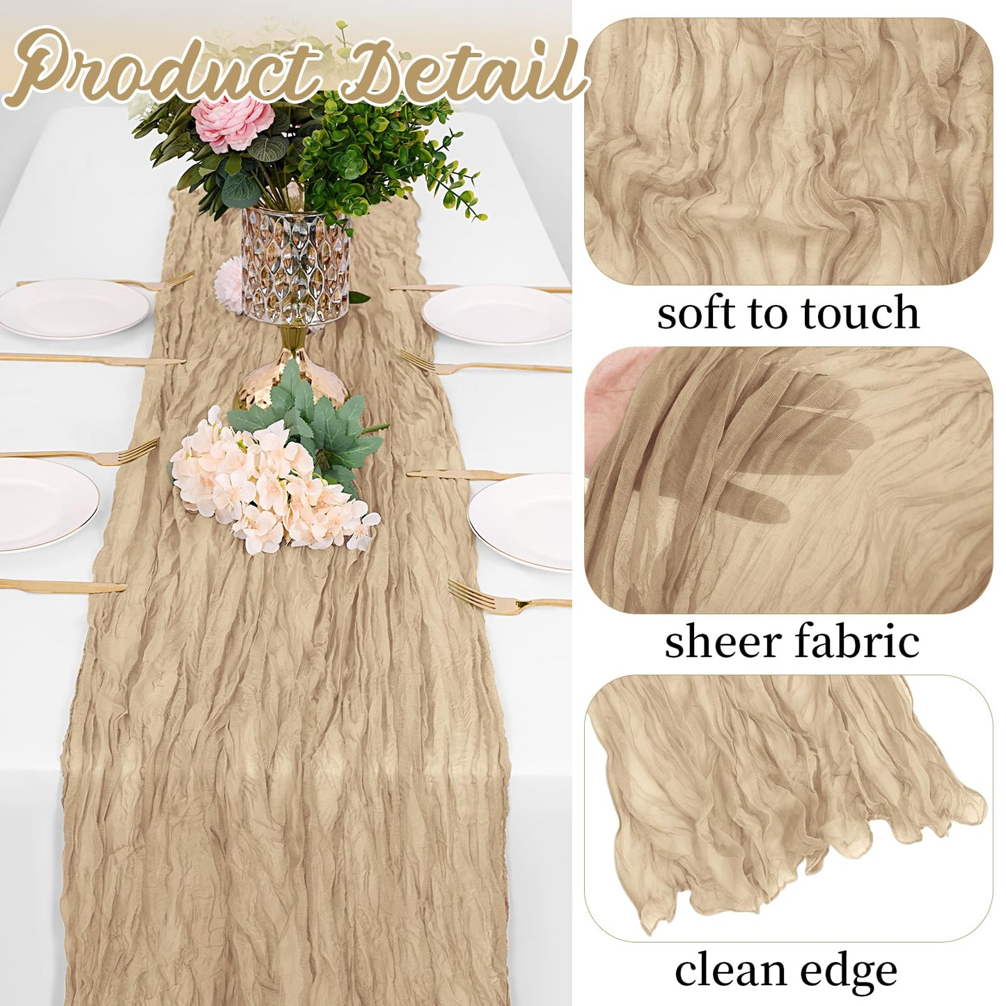 8 Pack Beige Cheesecloth Table Runners 20x120 Inch Gauze Table Runner Cheese Cloth 10FT Beige Table Runner Rustic Sheer Runner for Wedding Birthday Party Baby Shower Table Decor