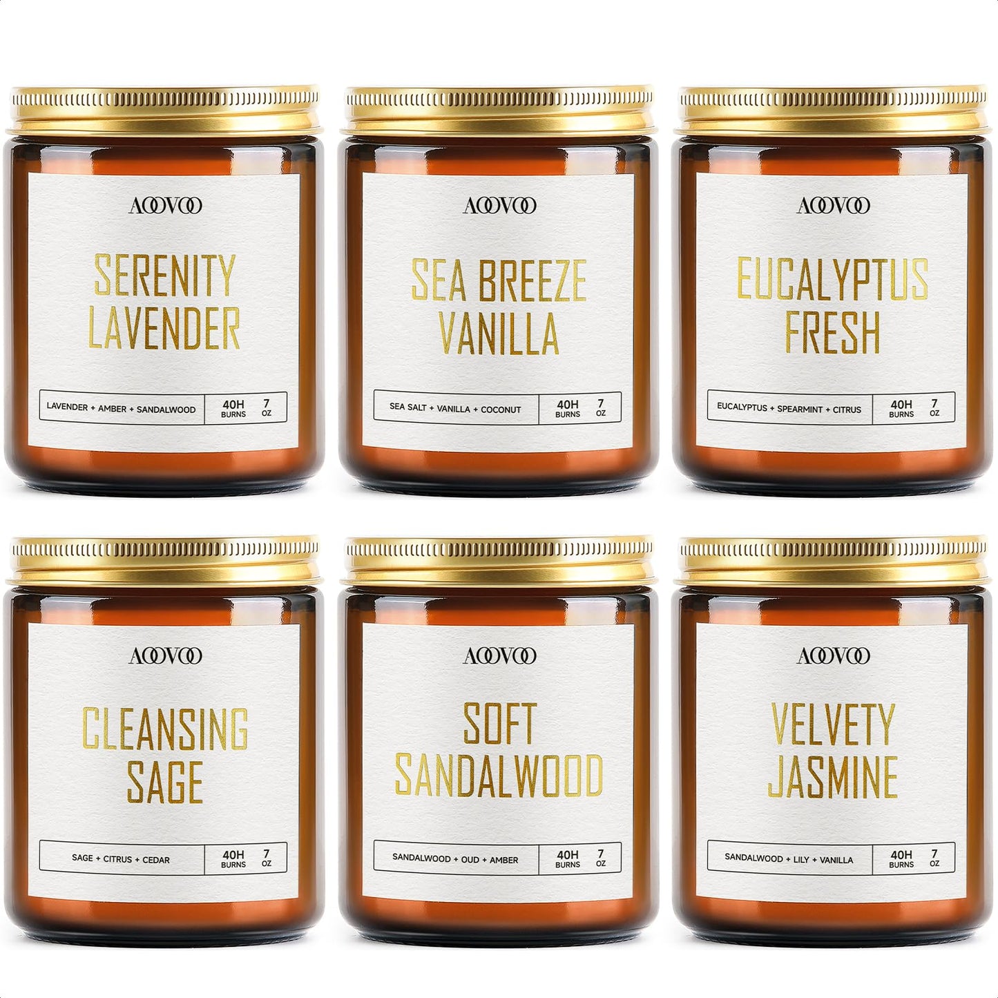 AOOVOO Candles Set - 6PC Scented Candles, Soy Candle, Aromatherapy Candle, Soy Wax Candle, Candle for Home Scented, Lavender/Vanilla/Eucalyptus/Sage/Jasmine/Sandalwood