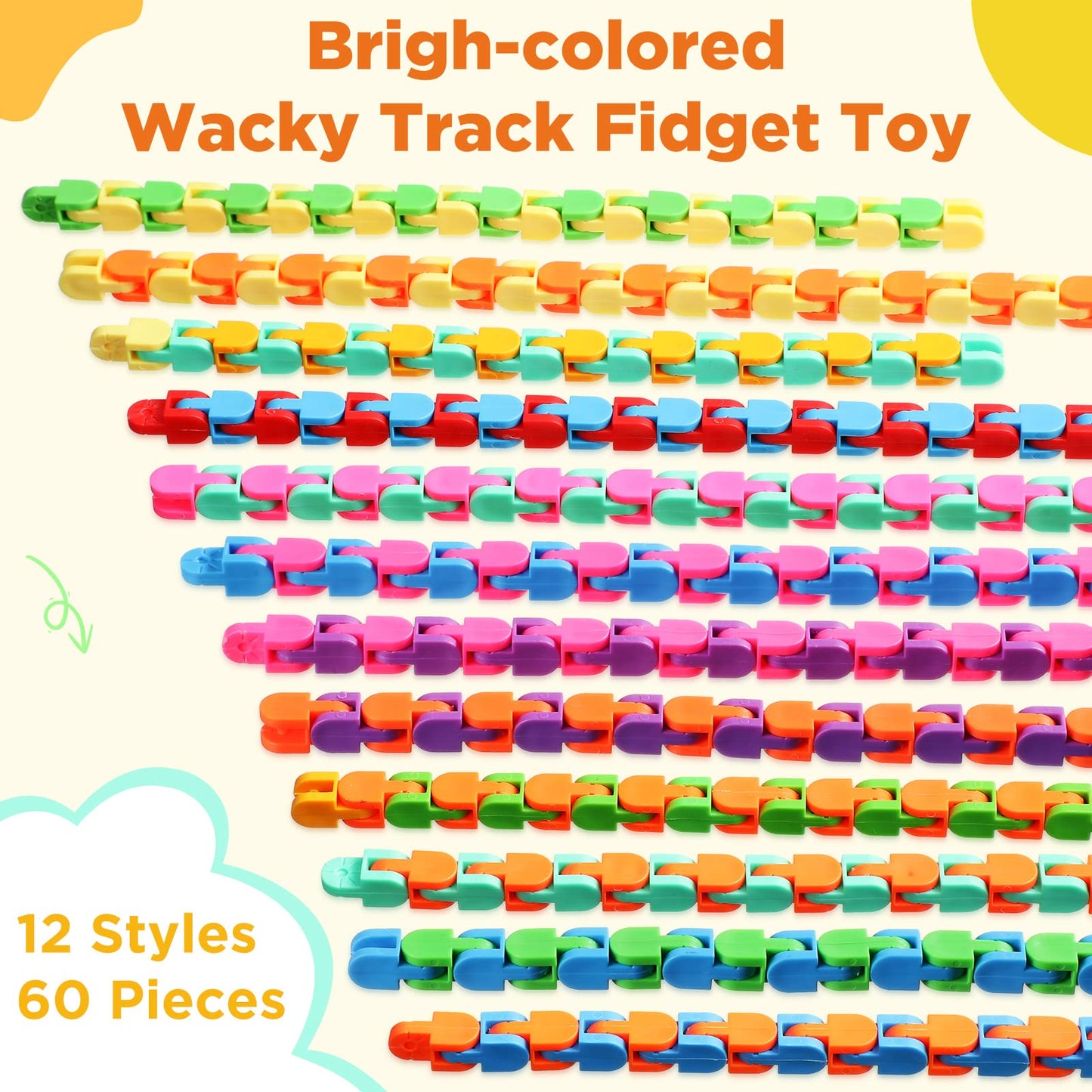 Sotiff 60 Pieces Wacky Track Fidget Toy Fidget Wacky Tracks Snap Colorful Snake Toys Gifts for Kids Adult Autism Stress Relief Therapy Toys Keeps Mind Focused(Classic Color,24 Links)