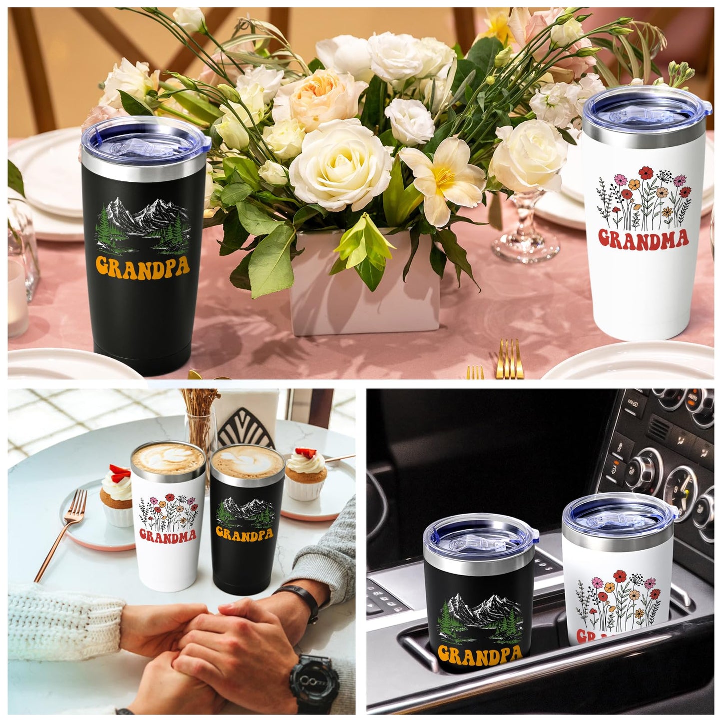 Qtencas Grandma and Grandpa Gifts, Grandparents Christmas Gifts, Grandpa and Grandma insulated Travel Tumbler Set, Gift for Grandparents on Christmas Birthday Anniversary, 20 Oz Black & White