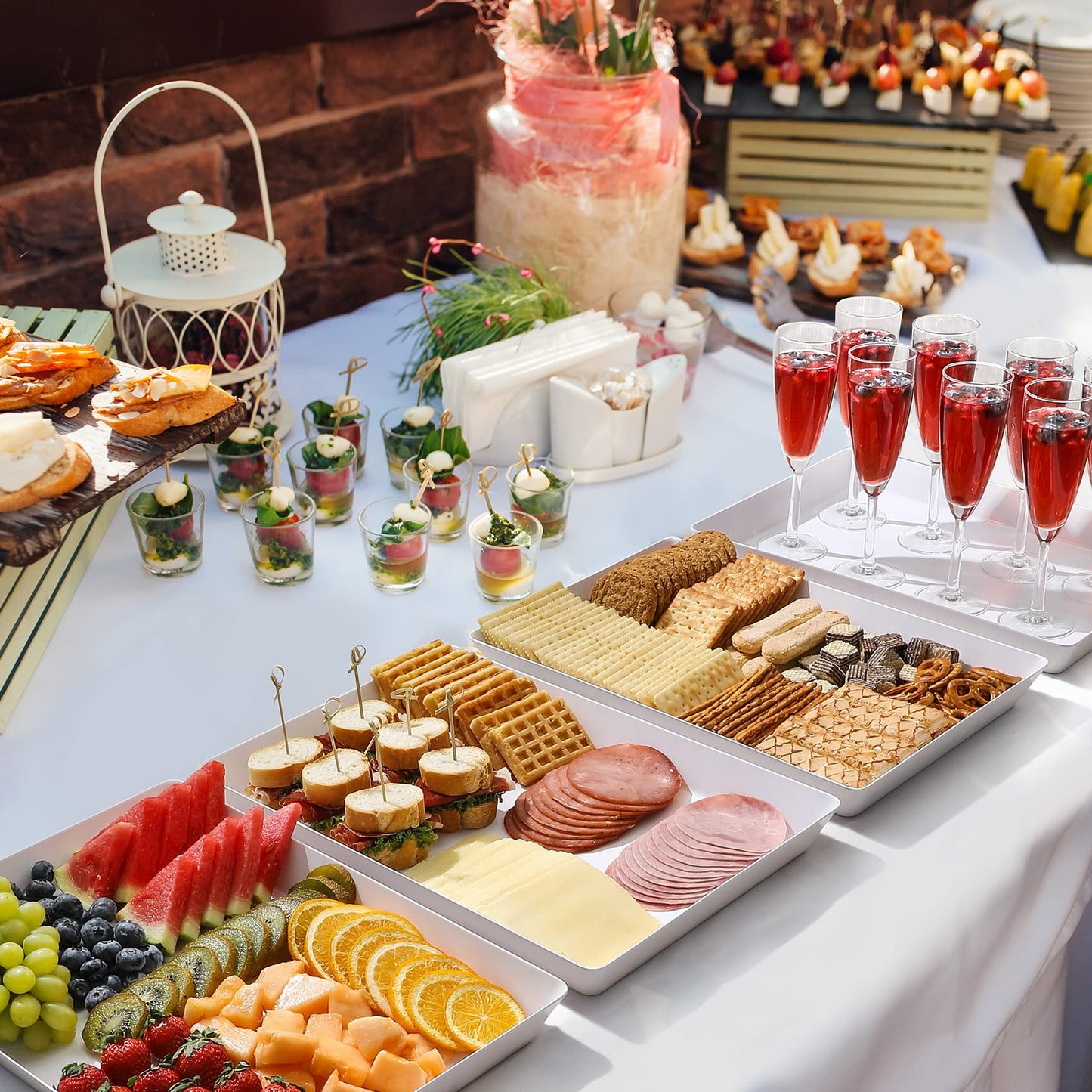 8 Pack, 16" x 11" Large White Serving Trays Set - Reusable Plastic Serving Platters for Cookie, Appetizer, Charcuterie, Snack, Dessert, Party Food Display - Stackable Kitchen CounterTop Tray, BPA Free