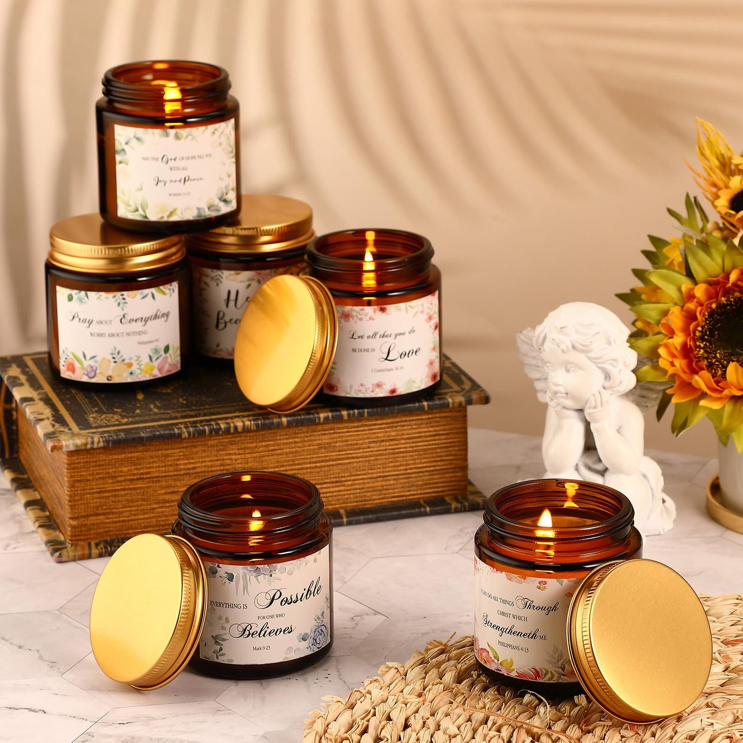 MTLEE 10 Jars Mother's Day Christian Religious Scented Candles 3.5oz Stress Relief Aromatherapy Gifts Natural Soy Decorative Long Lasting Bathroom Candles for Women Birthday Baptism