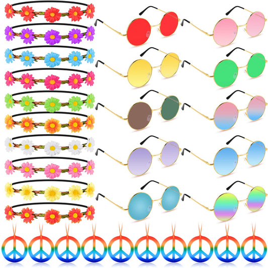 TUPARKA 30PCS Hippie Glasses Headband Costume Accessory Set Includes Multicolor Daisy Flower Headbands,Round Hippie Sunglasses and Peace Sign Necklaces for Hippie Party Supplies