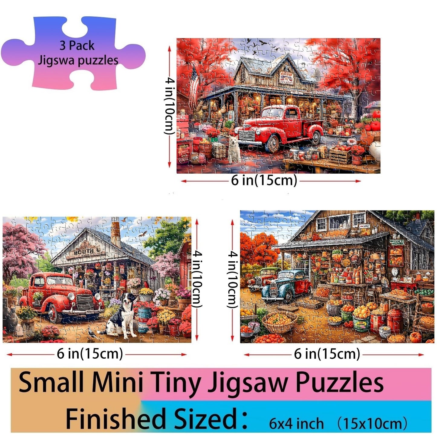Small Jigsaw Puzzles for Adults 150 Pieces Vintage American Backyard Mini Jigsaw Puzzles Oil Painting Challenging Puzzles 6 x 4 Inches, 3 Pcs,Mini Easel Included
