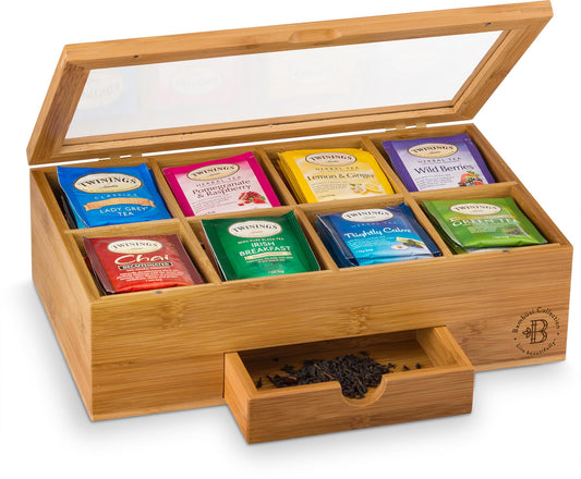 Tea Bag Organizer - Bamboo Tea Box Storage with Drawer & Acrylic Window, Tea Organizer Holder, Tea Bag Holder, Tea Storage Box, Tea Box Organizer, Holiday Gift Idea for Home Kitchen (Tea Not Included)