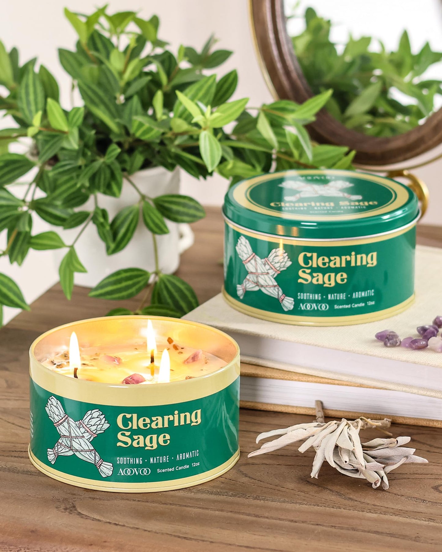 AOOVOO Sage Candle for Cleansing - 3 Wick 12oz Large Scented Candle with Crystals & Sage Leaves Inside, Soy Candles Non Toxic for Meditation Spiritual Gift, Aromatherapy Candle for Women Men