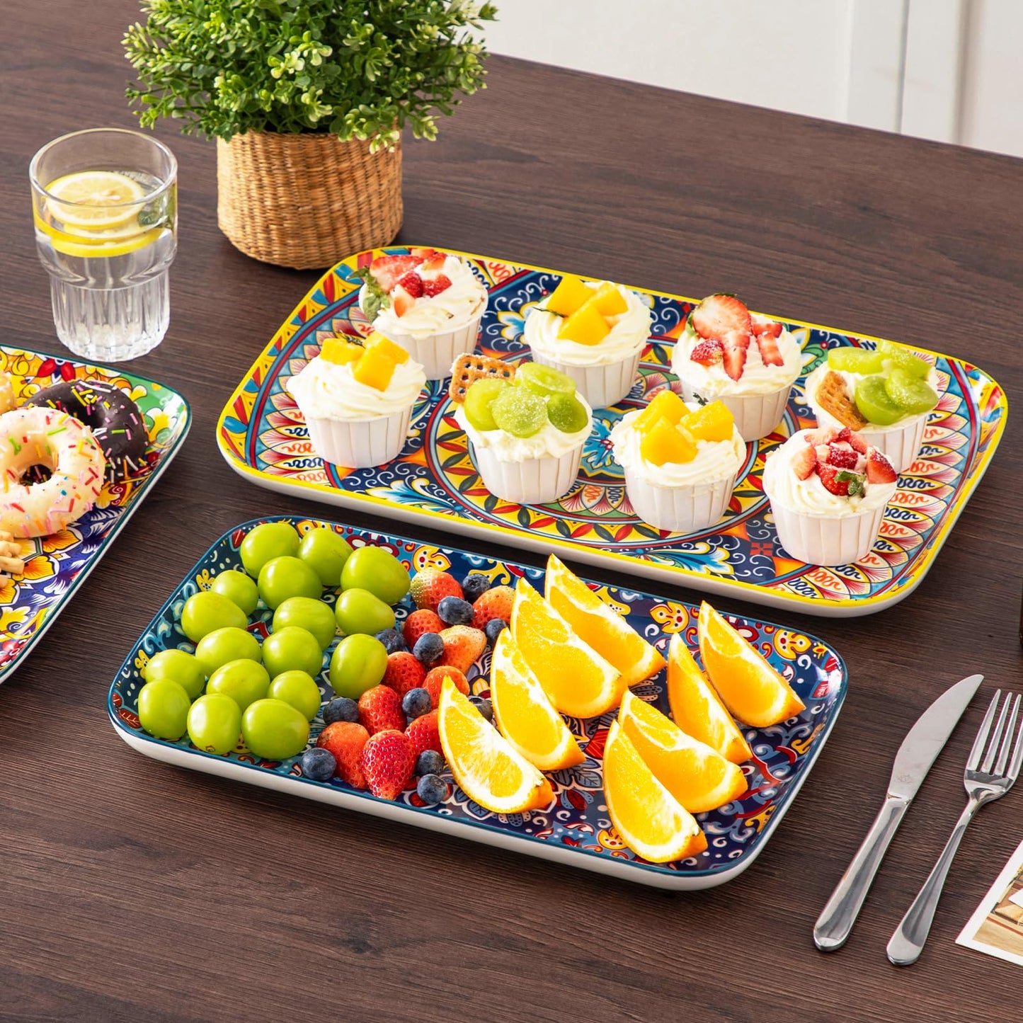 vancasso Serving Platters Set of 3, 16"/14"/12" Inch Rectangular Trays - Serving Platter Extra Large, Bohemian Ceramic Serving Dish for Entertaining Food, Microwave & Dishwasher Safe, Vintage