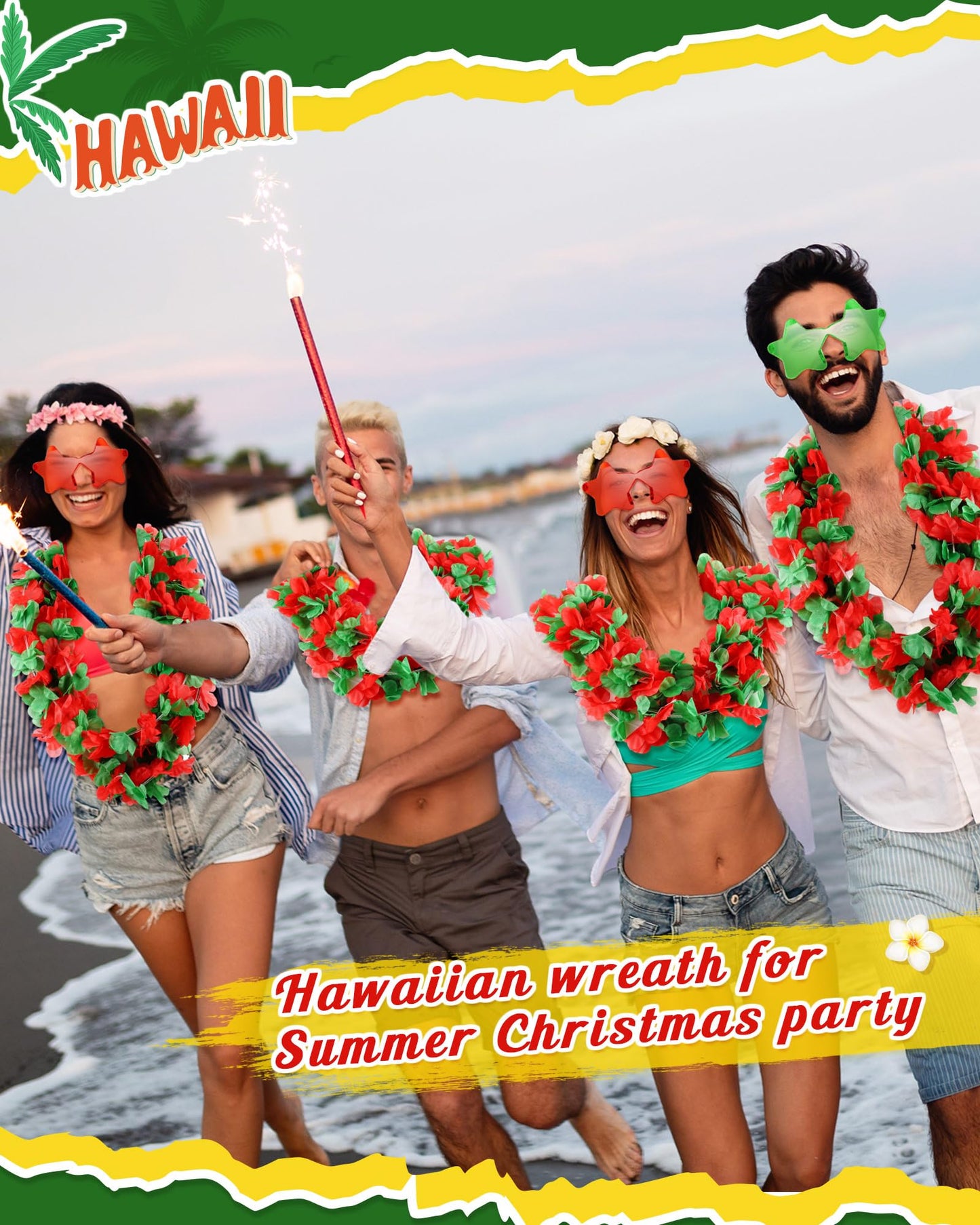Mepase 18 Pcs Christmas in July Party Supplies Christmas Santa Hats Hawaiian Flower Leis Star Glasses for Adults Summer Party