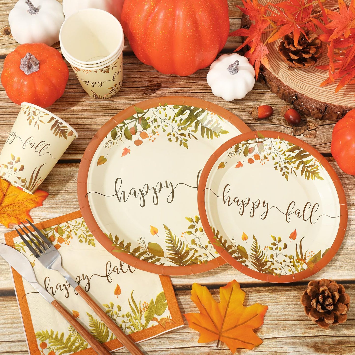Whaline 24 Sets Fall Thanksgiving Paper Plates Cups and Napkins Party Decorations Rustic Autumn Leaves Disposable Paper Plates Happy Fall Paper Cups and Napkins for Holiday Wedding Birthday Party