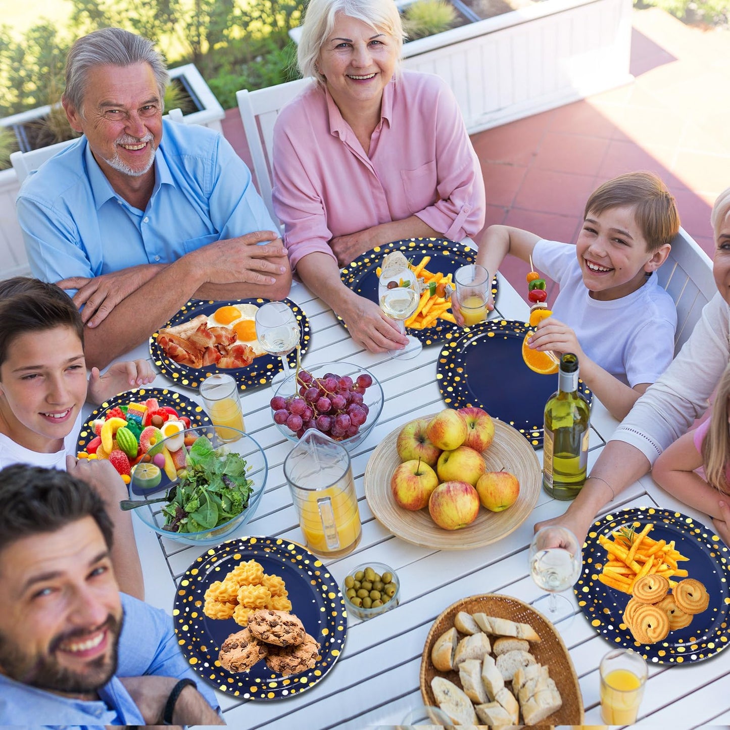 50Pcs Blue and Gold Party Supplies Large Gold Dot on Blue Paper Plates Oval Dinner Plates Disposable Party Tableware for Birthday Decorations Graduation Baby Showers Wedding Holiday Retirement