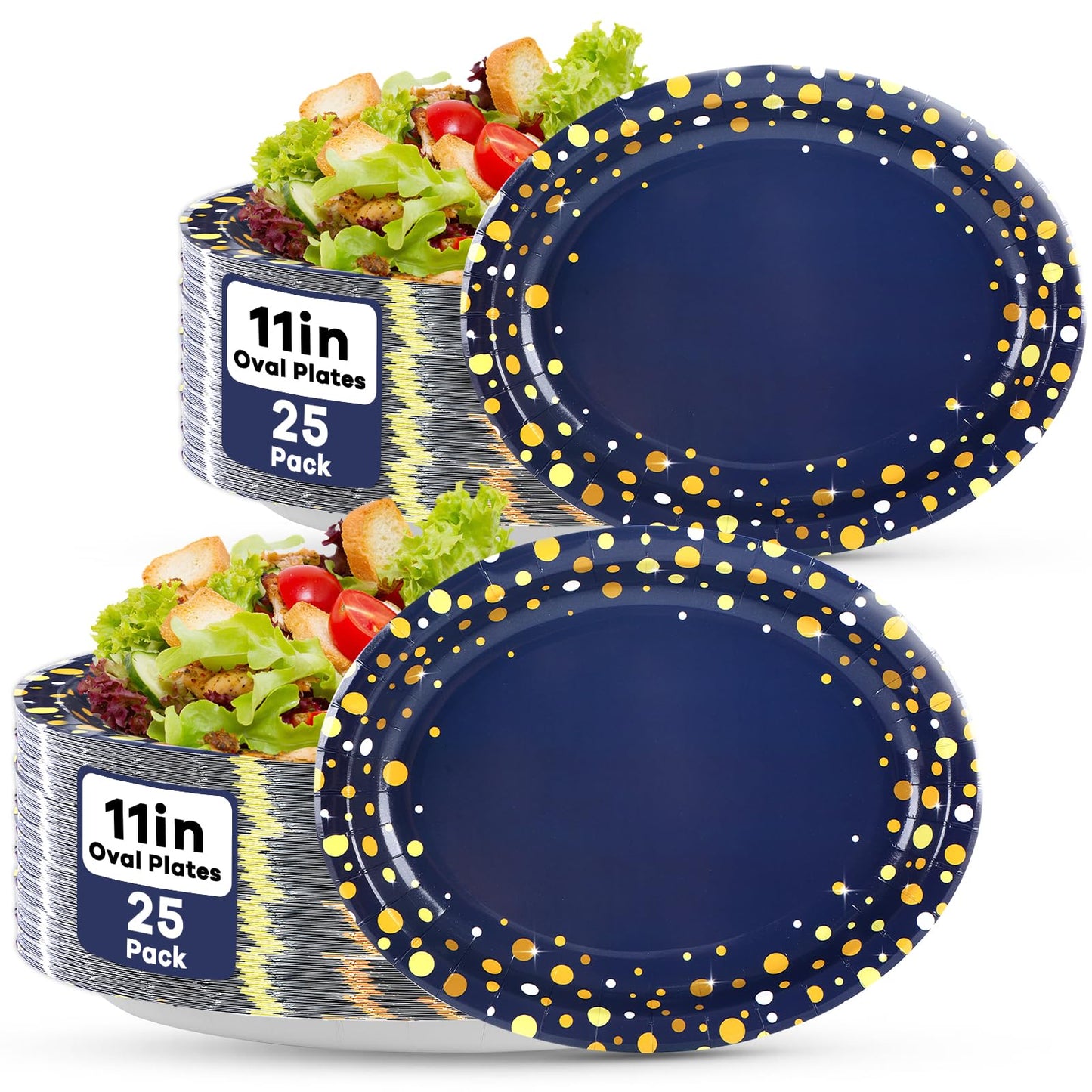 50Pcs Blue and Gold Party Supplies Large Gold Dot on Blue Paper Plates Oval Dinner Plates Disposable Party Tableware for Birthday Decorations Graduation Baby Showers Wedding Holiday Retirement