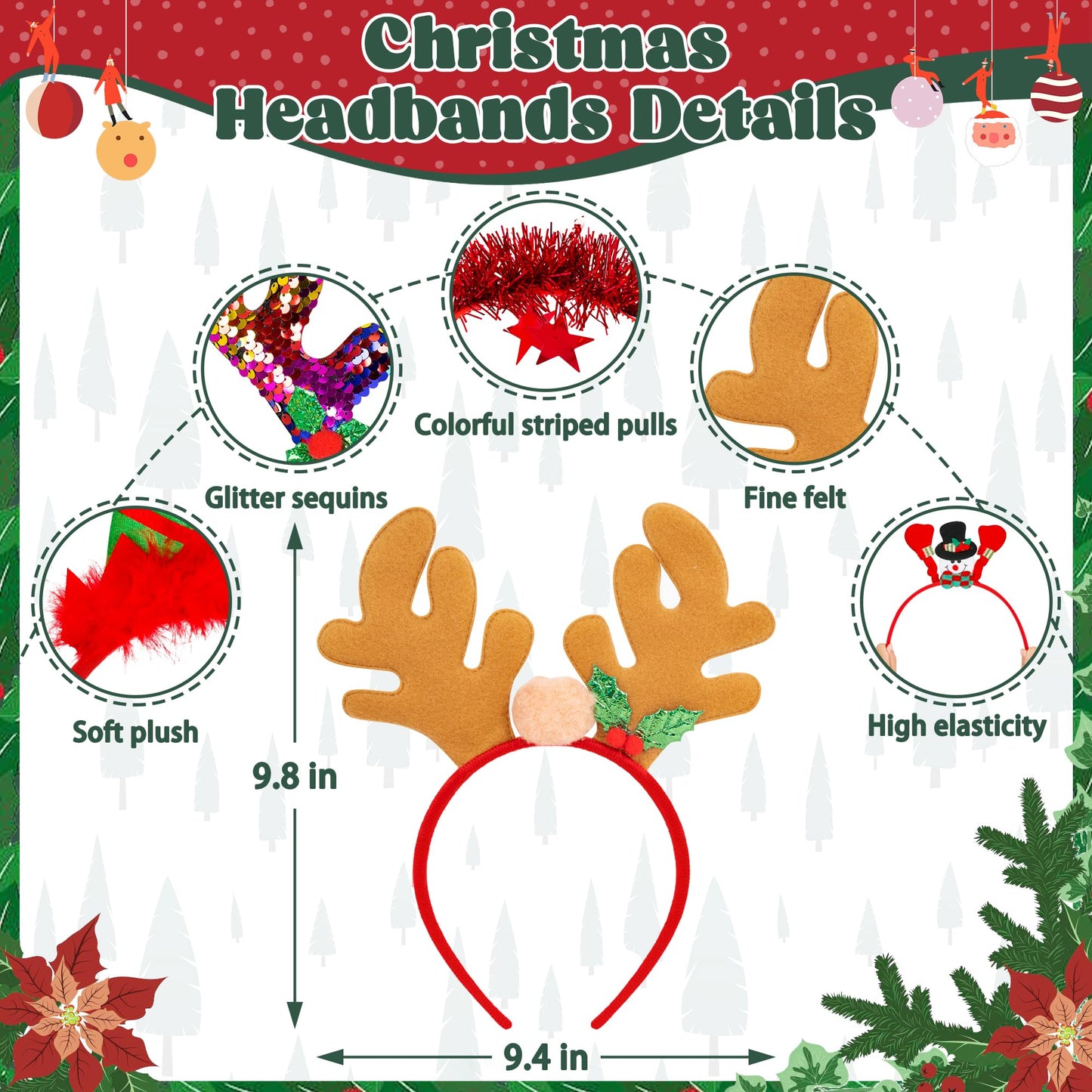 HOVACY 30 PCS Christmas Headbands, 15 Styles Christmas Headwear, Reindeer Antler Headbands, Santa Claus Xmas Tree Headpieces, Party Supplies, Christmas Decor for Womens Kids Adult