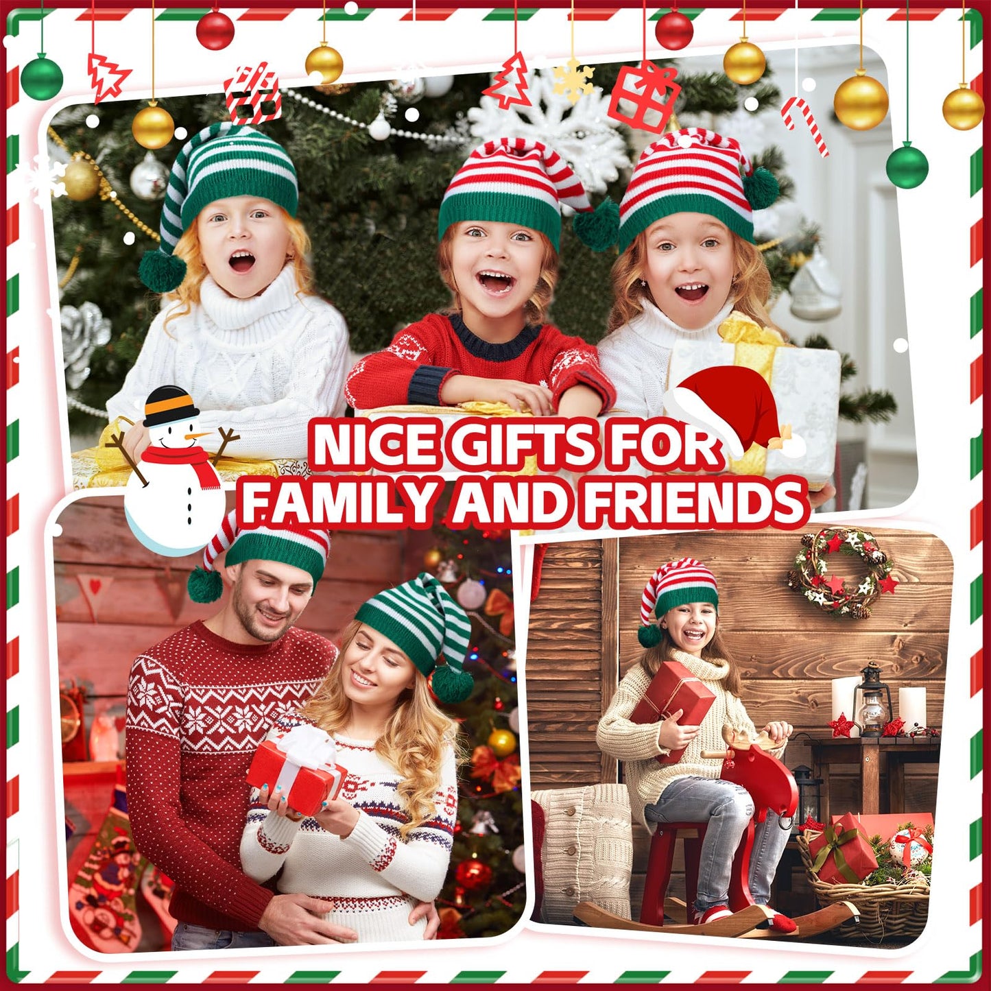 Ramede 12 Christmas Knitted Elf Hats Santa Hat for Adults Xmas Beanie Winter Hats with Pompom Bulk Crochet Caps for Women Men(Vivid Color,Stripe)