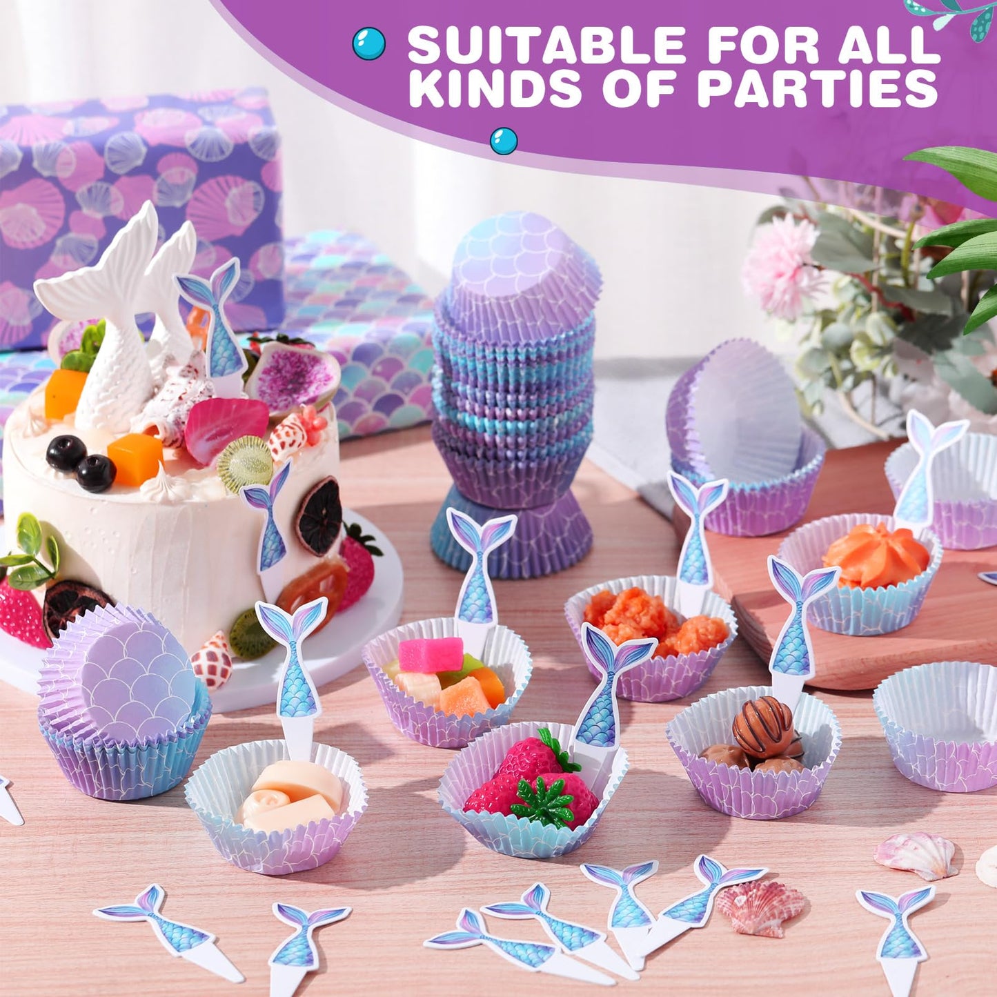 Vesici 200 Counts Cupcake Liners and 200 Counts Cupcake Toppers Round Baking Cups Greaseproof Muffin Liners for Graduation Wedding Baby Shower Birthday Theme Party Supplies(Mermaid)