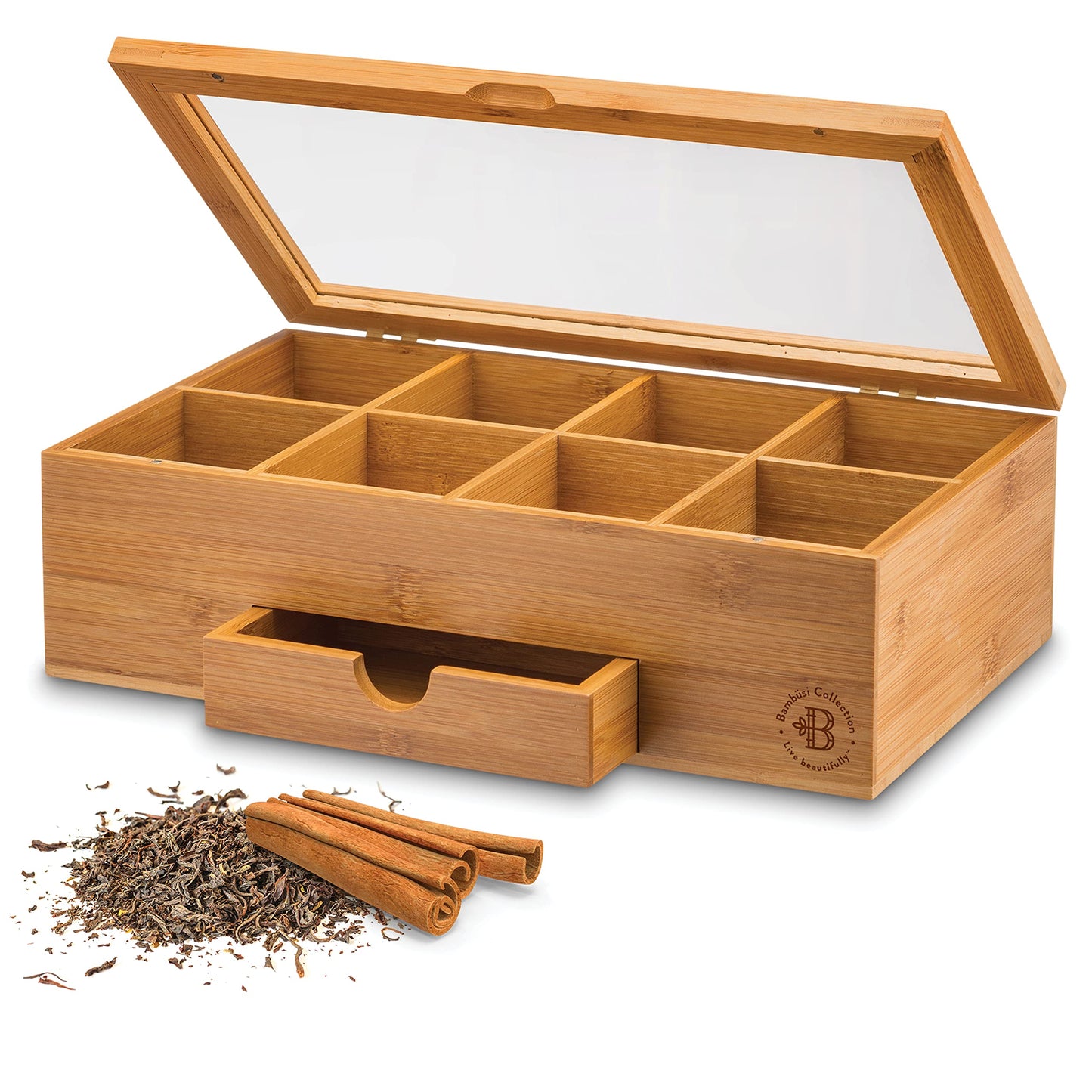 Tea Bag Organizer - Bamboo Tea Box Storage with Drawer & Acrylic Window, Tea Organizer Holder, Tea Bag Holder, Tea Storage Box, Tea Box Organizer, Holiday Gift Idea for Home Kitchen (Tea Not Included)
