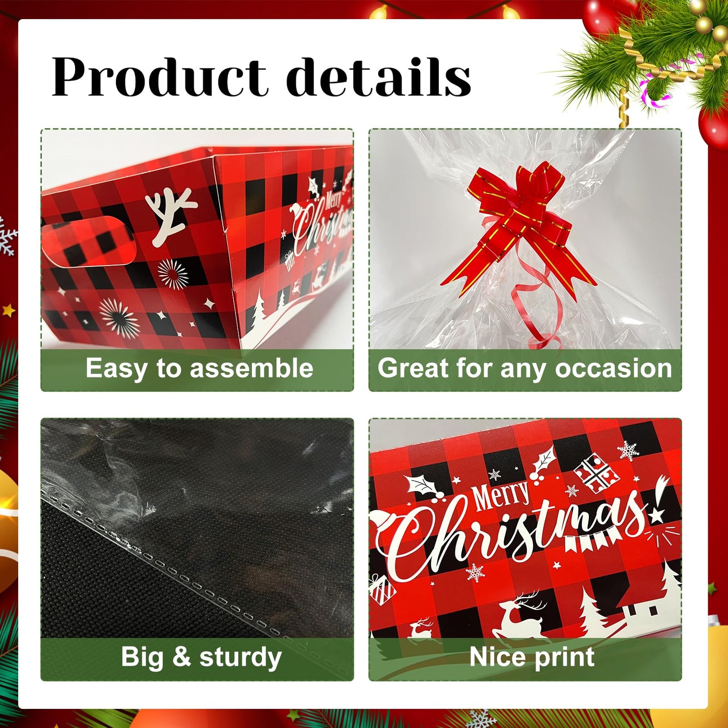 CIEOVO 24 Set Christmas Party Baskets with Cellophane, Bows, Market Tray for Christmas Xmas Holiday Party Decor