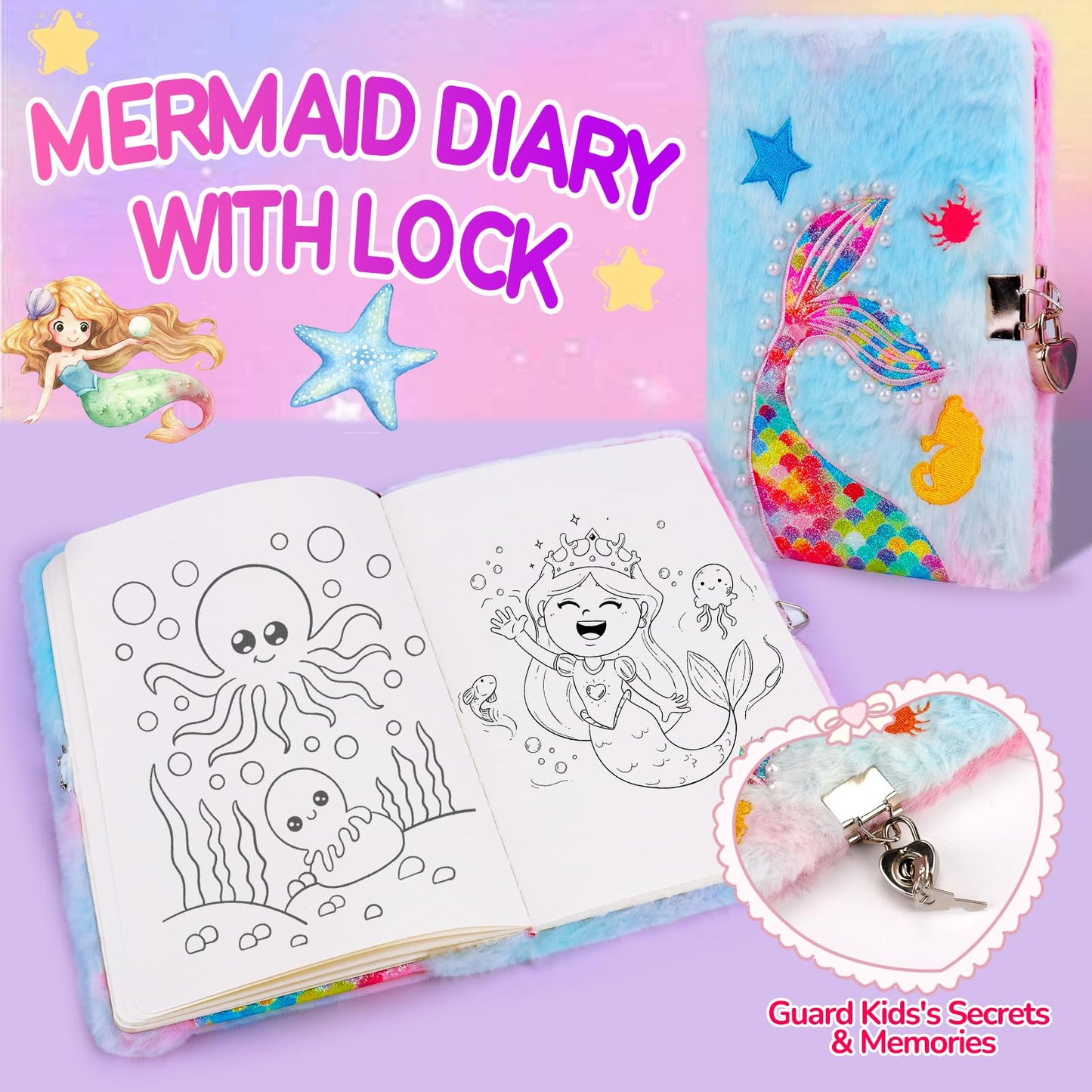 Gifts for Girls Age 4-6-8, Kids Mermaid & Unicorn Toy Set with Light Up Star Pillow, Diary, Headband, Sleep Mask, Surprise Girl Toys for 4 5 6 7 8 9 10 Year Old Girls Christmas Birthday Gifts Ideas