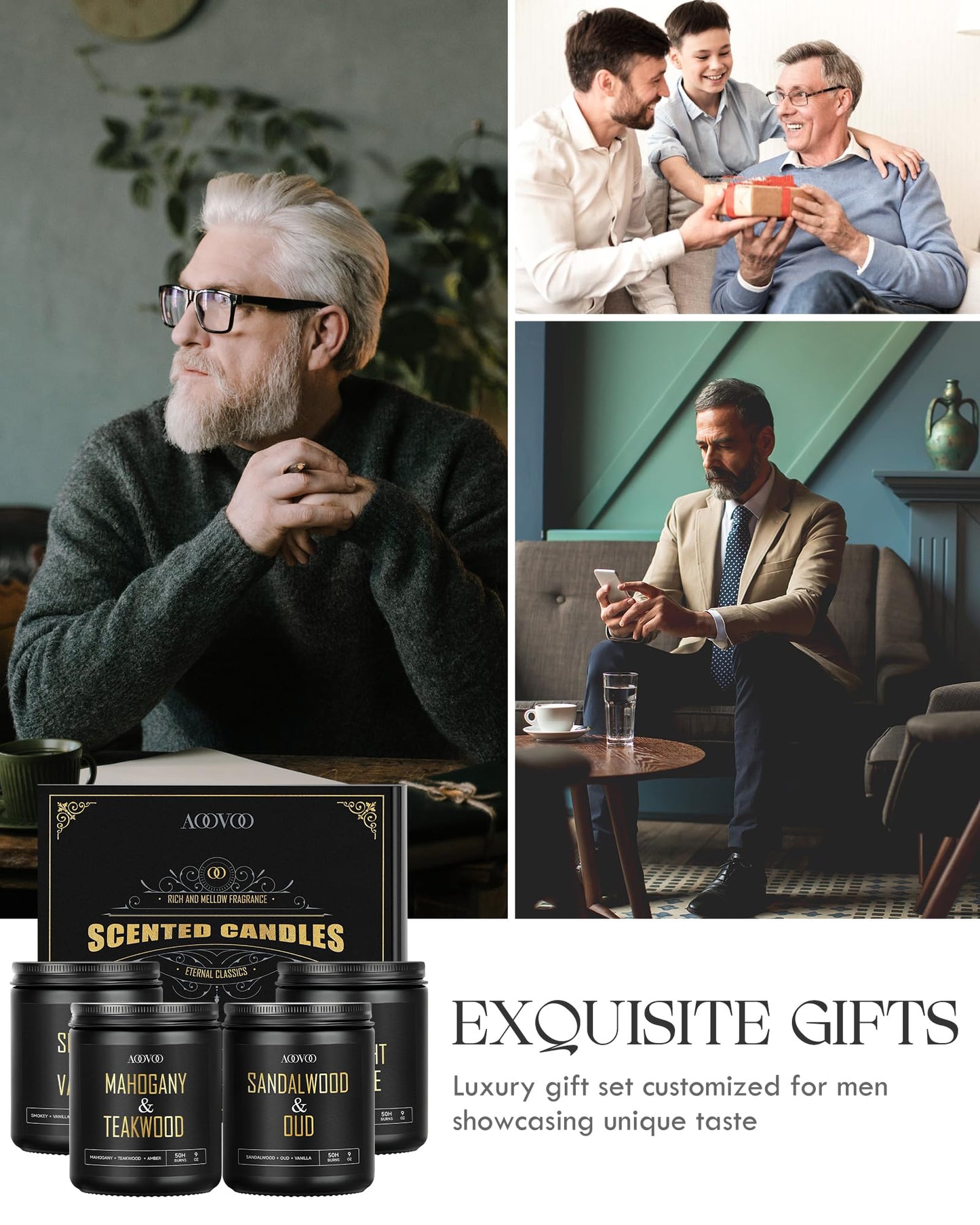 AOOVOO Scented Candles for Men - 4 Pack Candles for Home Scented, 36oz Soy Wax, 200 Hour Burn Time, Men Candle Set, Sandalwood Oud/Mahogany Teakwood/Smoke Vanilla/Jasmine Candle Set A