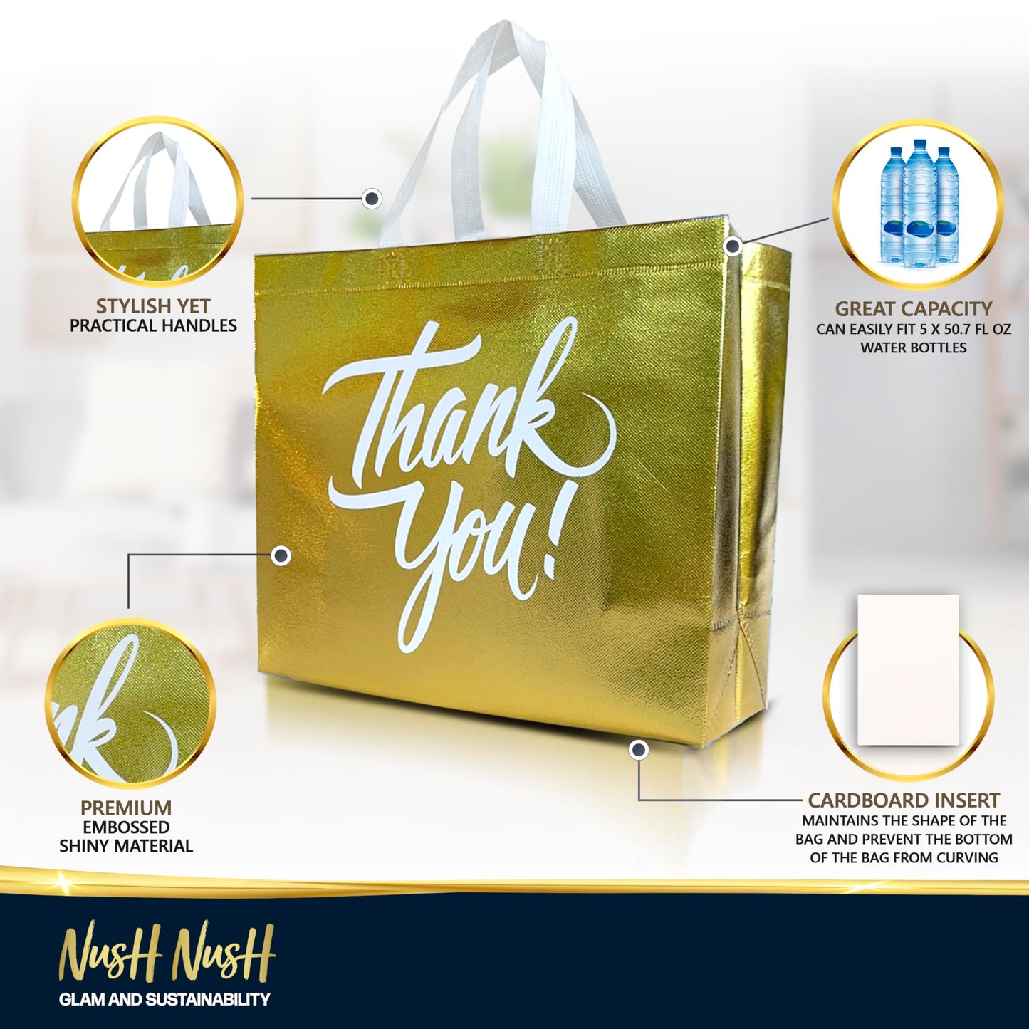 Nush Nush Gold Thank You Gift Bags Large Size – Set of 12 Stylish Gold Thank You Bags With Handles in Bulk - Appreciation Party Favor Bags For Small Business, Gifting Events, Christmas - 13Wx5Dx11H