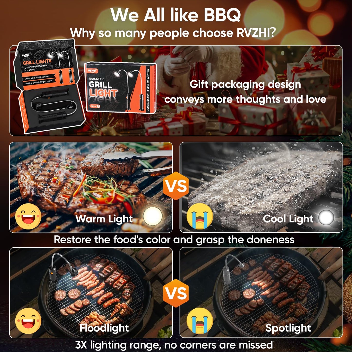 Grill Light BBQ Grilling Accessories: 2025 Unique Mens Gifts for Christmas Birthday - Cool Gifts for Dad Husband Grandpa - Outdoor Bright Magnetic LED Light Smoker Accessories Tools 2 Pack