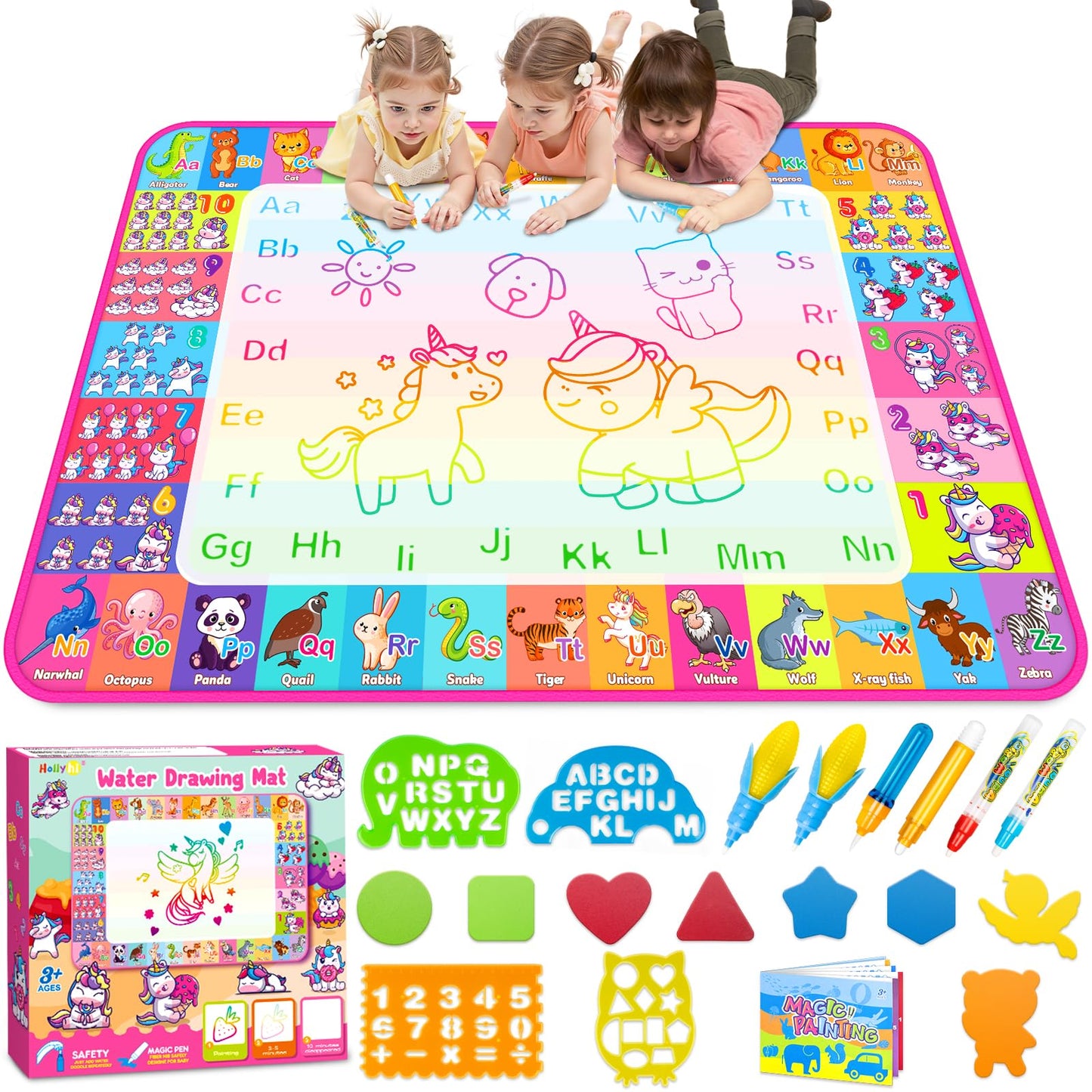 Aqua Water Doodle Mat - Kids Drawing Mat Toddlers Educational Toys for Age 3 4 5 6 7 8 Year Old Boys Girls Gifts - Neon Color Mat Doodle Board Writing Drawing Toys Holiday Christmas Birthday Gifts