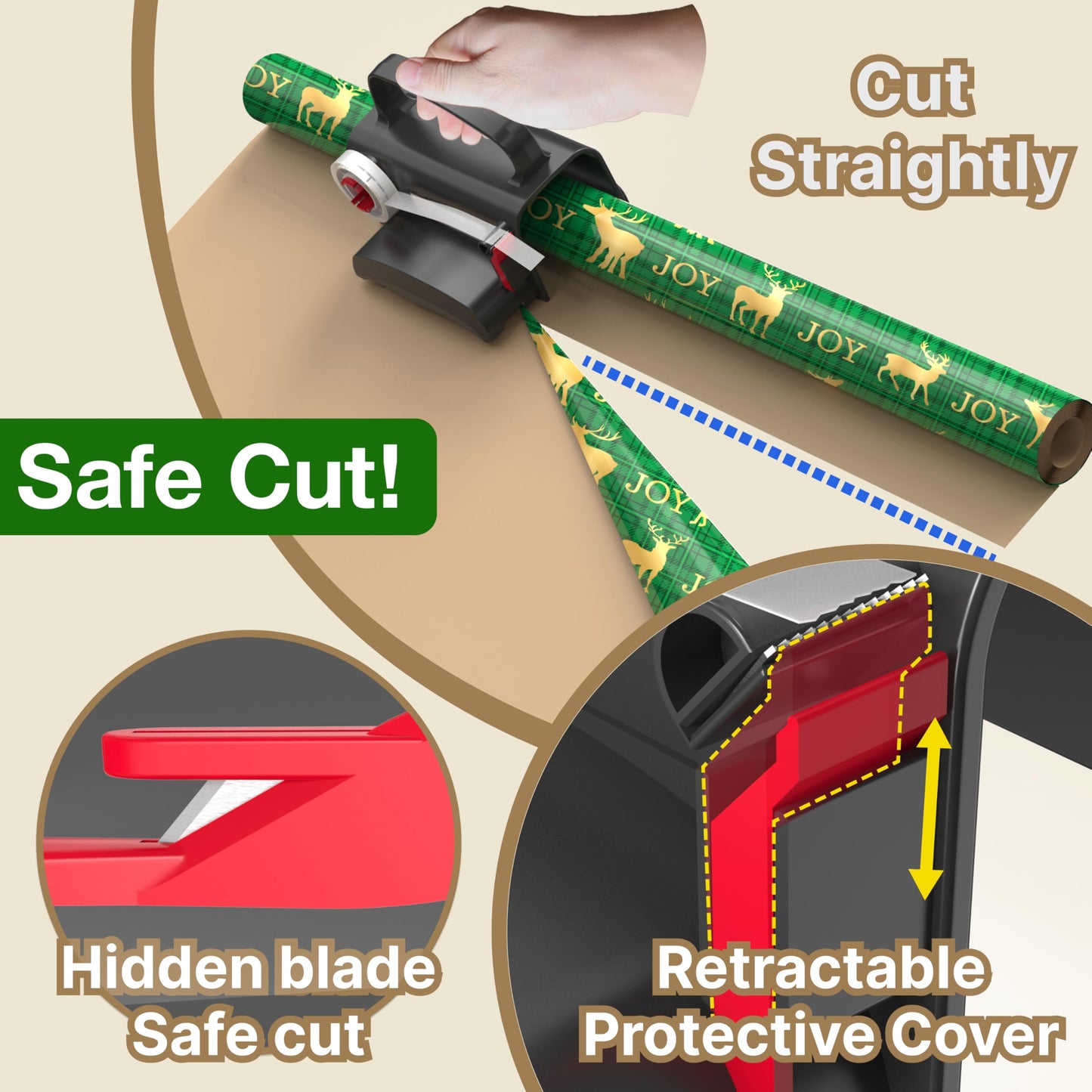 Wraprocut (2-Pack) Wheel Wrapping Paper Cutter & Tape Dispenser with 4 Tapes,2 Replace Blades Kit for Christmas Gift Wrap Cutter Tool Paper Roll Holder Tube Sliding Slicing for Birthday Holiday.