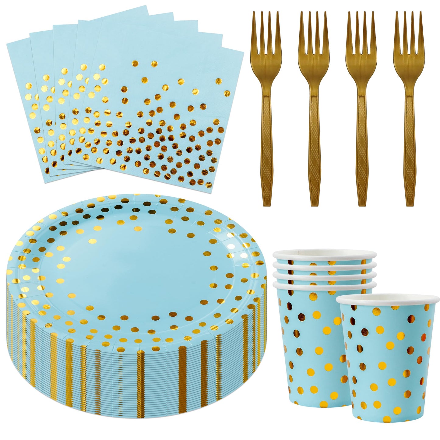 Sveikie160 Pcs blue And Gold Paper Plates, Birthday Cake Party Plates And Napkins, Wedding Disposable Utensils For Birthday Graduation Wedding And Holiday Celebrations Serves 40 (blue)