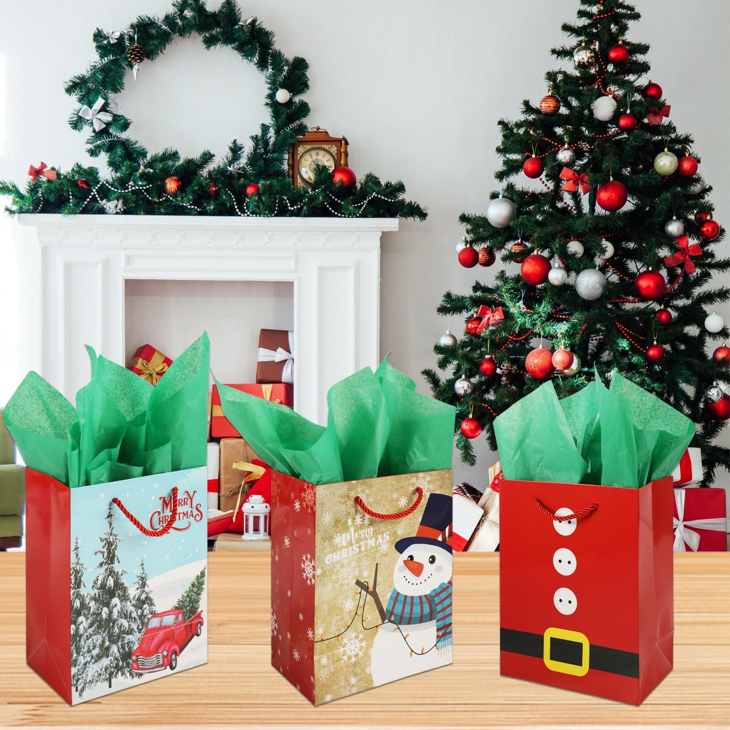 Qukou Christmas Bags for Gift with 24 Sheet Tissue Paper, 24 PCS Xmas Paper Party Gift Candy Bags for Christmas Party Favors (24)