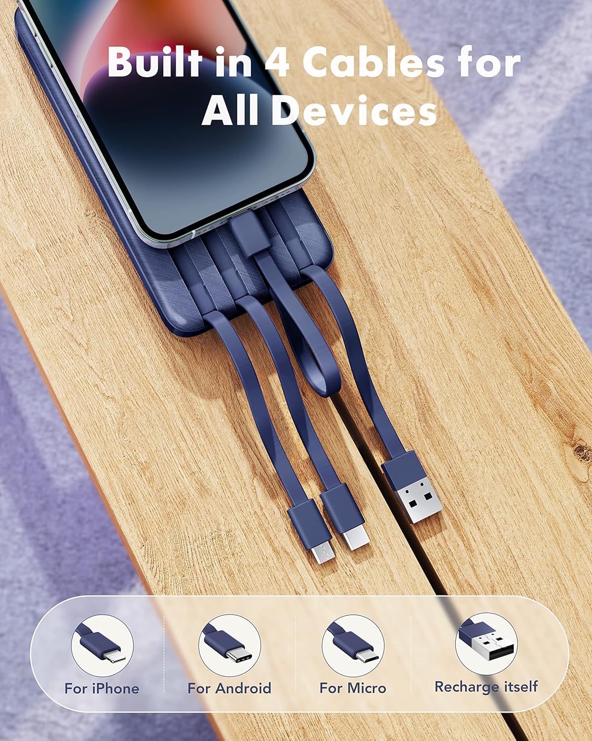 charmast Portable Charger with Built in Cables, Power Bank with Cords Wires, Slim 10000mAh Travel Battery Pack 6 Outputs 3 Inputs 3A Fast Charging for Samsung Google Pixel LG Moto iPhone iPad