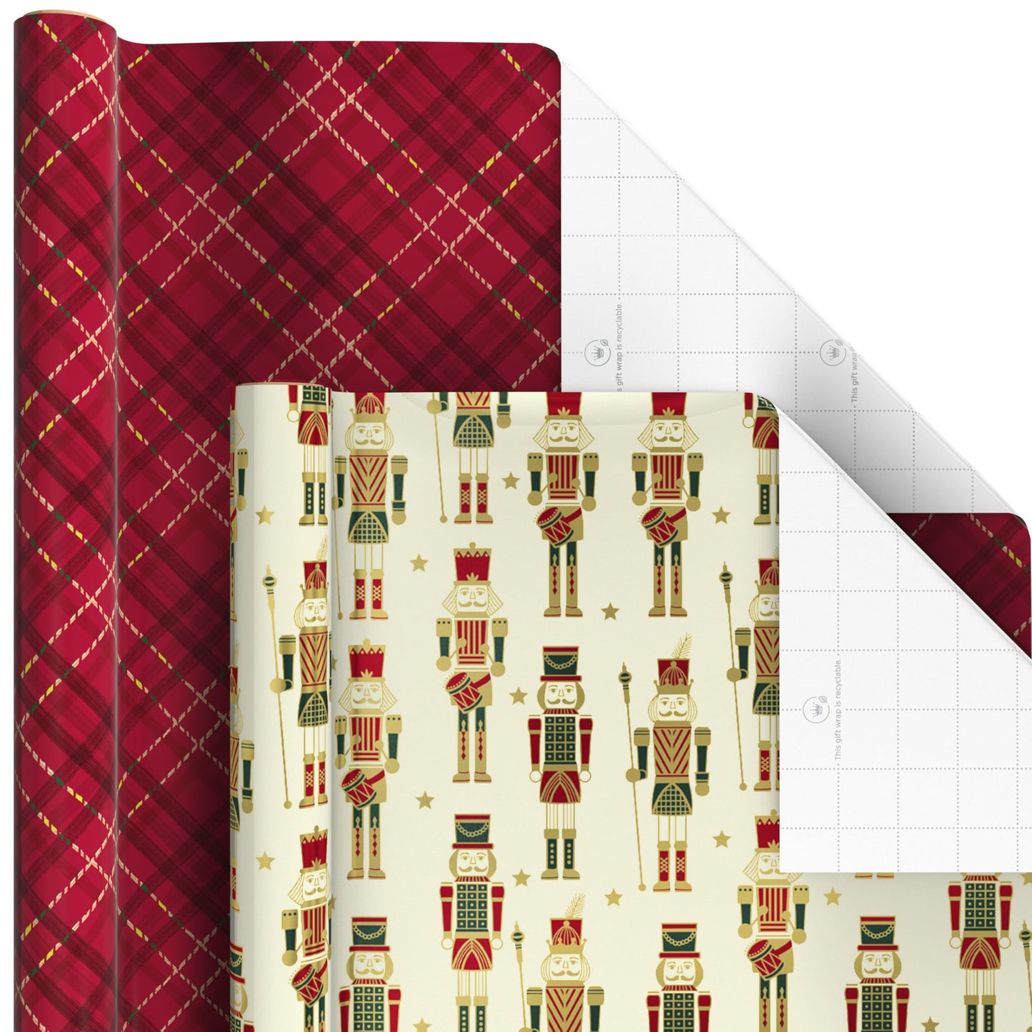 Hallmark Christmas Wrapping Paper Rolls with Cutlines on Reverse (6 Rolls: 150 Sq. Ft. Total) Santa Claus, Nutcrackers, Plaid, Snowflakes, Ornaments