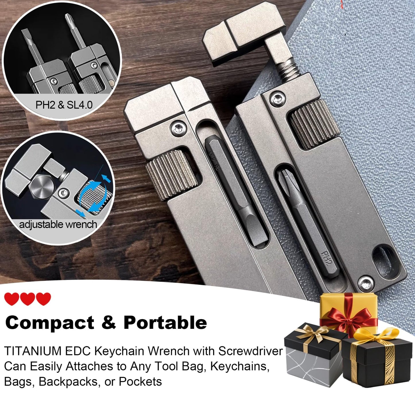 Titanium Keychain Wrench – Mini EDC Adjustable Spanner with Screwdriver, Pocket Tool for Everyday Carry, Travel, Outdoor, Camping – Stocking Stuffers For Men, Dads, and EDC Lovers