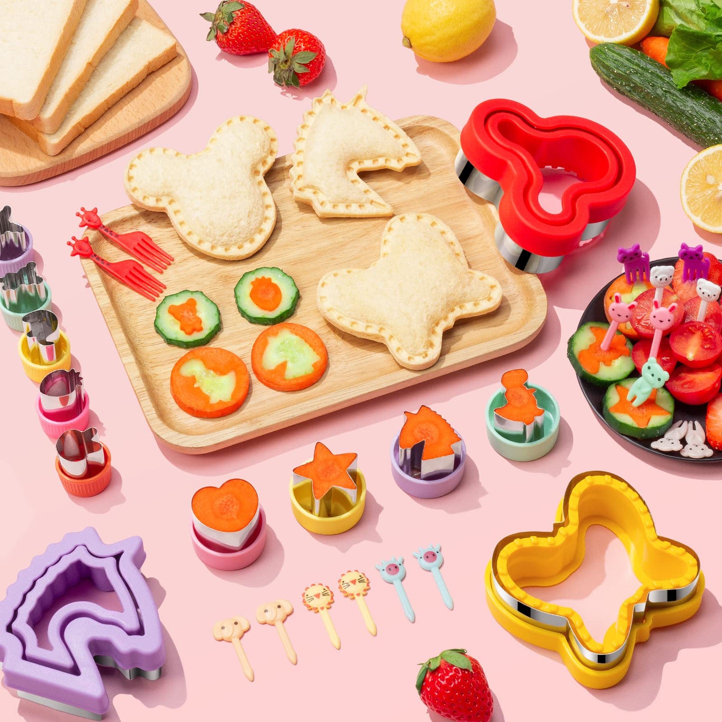 48Pcs Sandwich Cutter and Sealer Set for Kids, Decruster Sandwich Maker Holiday Cookie Cutters Fruit Vegetable Food Cutter Shapes for Boy & Girls Bento Lunch Box w/Mickey Mouse Dinosaur Unicorn Heart